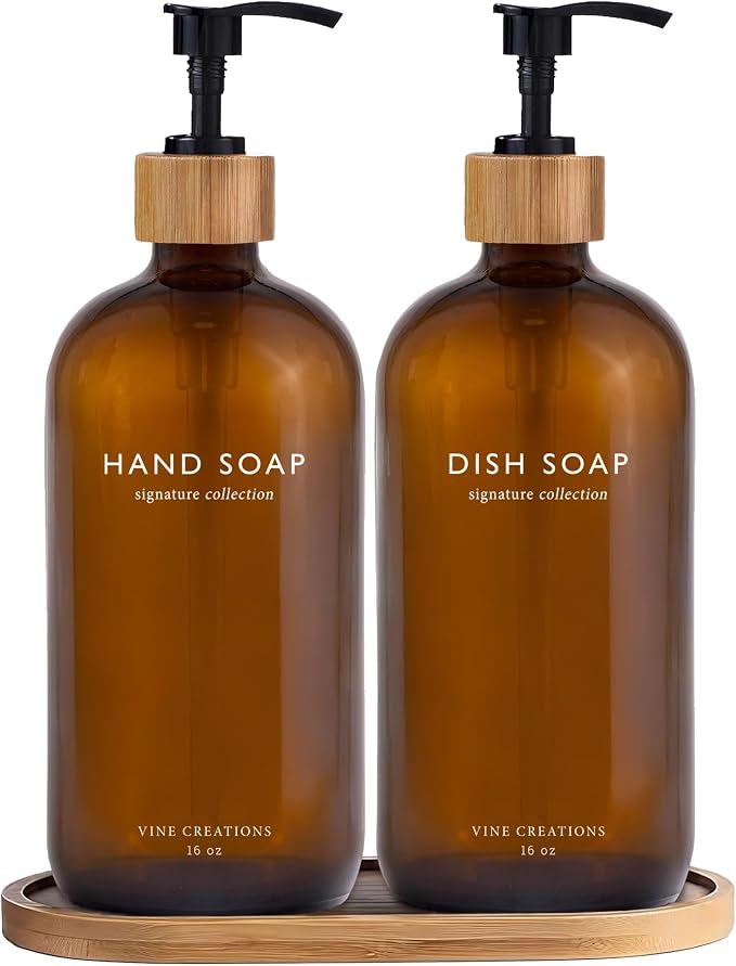 Vine Creations Amber Glass Soap Dispenser Set, Hand Soap and Dish Soap Dispenser Set with Bamboo Tray, 16 oz Glass Dispensers Bottle for Kitchen and Bathroom Decor Modern Boho with Bamboo Pump (Amber)
