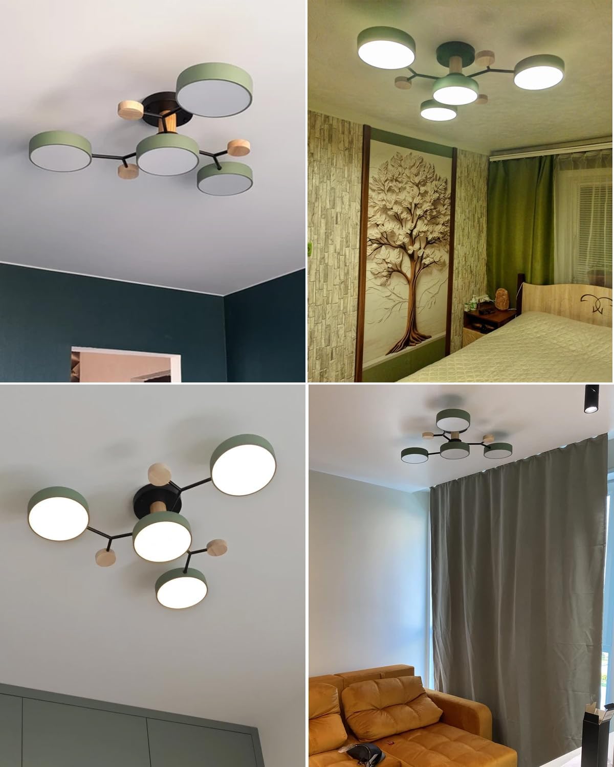 26″ Modern LED Ceiling Light, 4 Light LED Dimmable Flush Mount Chandelier with Green Shade, Wooden Kitchen Lighting Fixture Ceiling Lamp for Dining Room Bedroom Living Room Office Ceiling Light (48W)