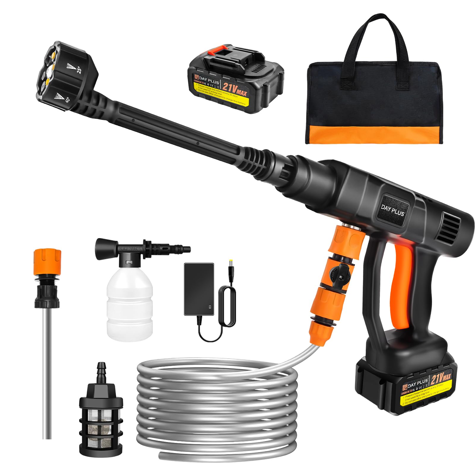 High Pressure Washer Gun Portable Power Washer, 21V Cordless Pressure Cleaner with 6-in-1 Nozzle, 5m Hose, 45 Bar/652 PSI, Foam Pot, 1.5Ah Battery, Ideal for Car Washing, Patio Cleaning and More