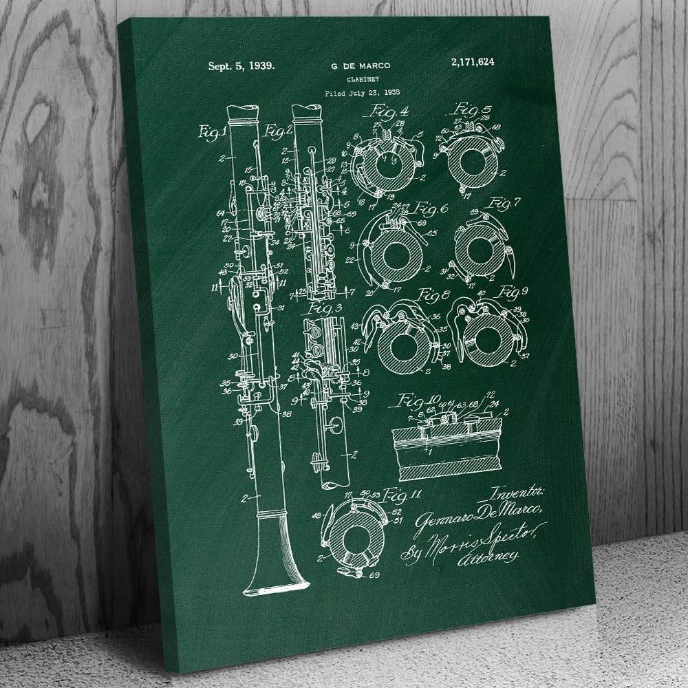 Patent Earth Clarinet Canvas Print, Musician Gift, Recording Studio Art, Clarinet Blueprint, Jazz Club Decor, Band Director Blueprint (8 inch x 10 inch)