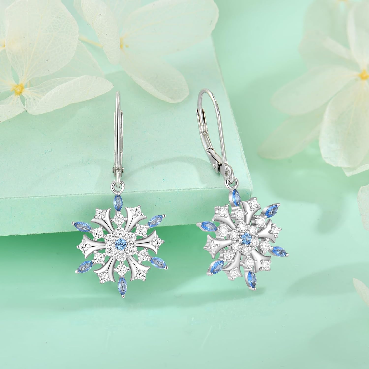 FJ Snowflake Earrings 925 Sterling Silver Aquamarine Dangle Drop Earrings Winter Frozen Christmas Jewelry for Women - Image 4