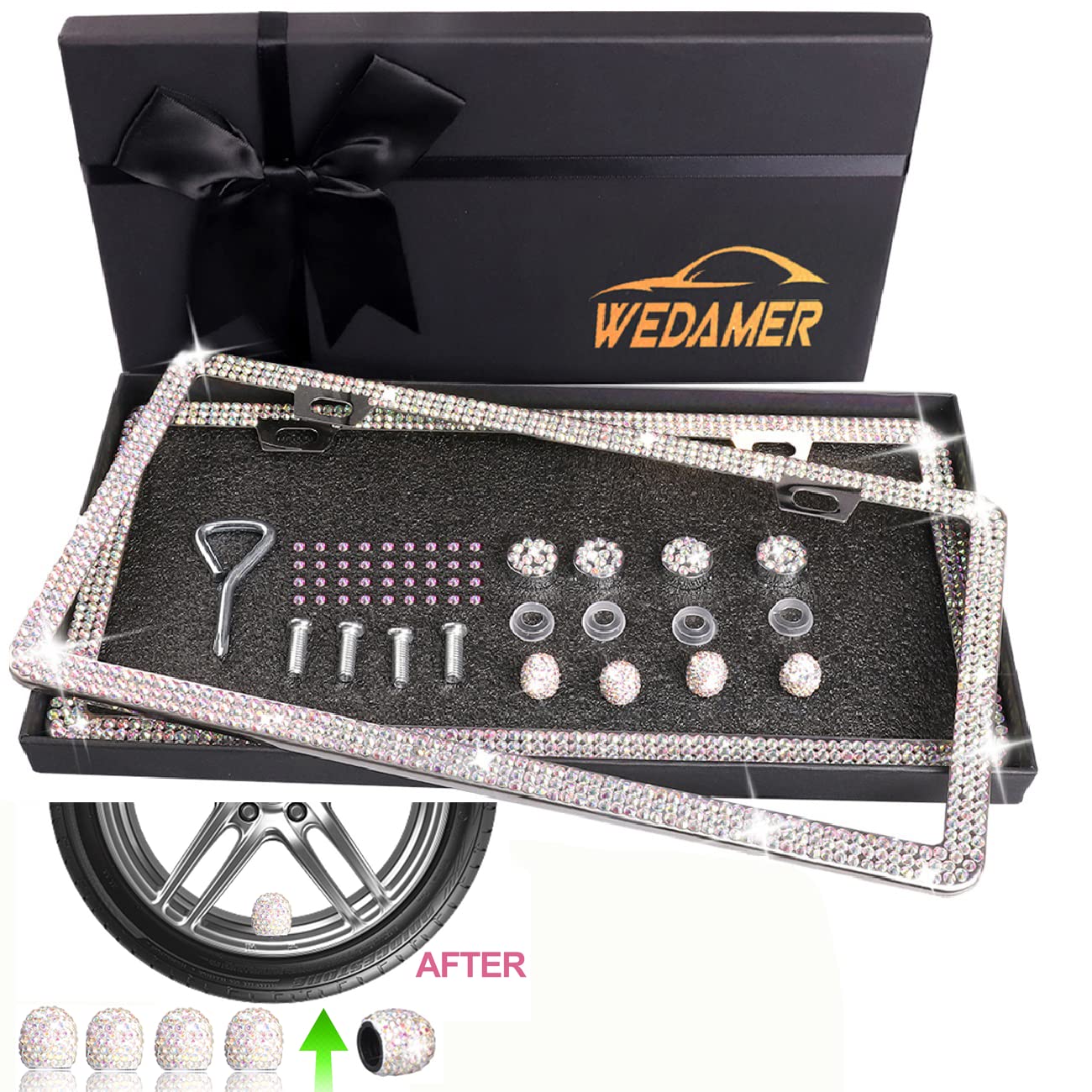 WEDAMER Bling Kennzeichenrahmen für Frauen, 2 Stück, Strass-Kennzeichenrahmen, glitzernd, Kennzeichenrahmen, Diamant-Kennzeichenrahmen, glitzernd, verzaubert, Nummernschild-Rahmenabdeckung, Halter für