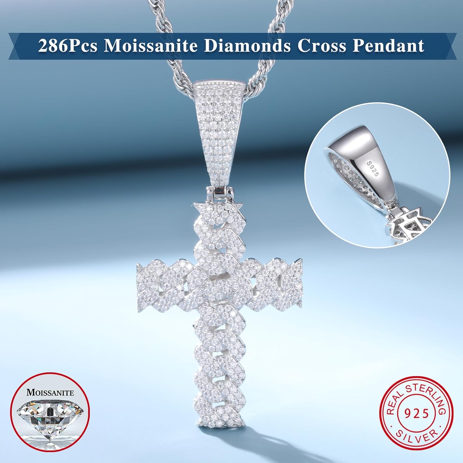 Moissanite Cross Necklace 2.7 Carat Iced Out Moissanite Cross Pendant 925 Sterling Silver Cross Chain Necklace D Color VVS1 18k Gold Plated Christian Pendant - Image 8