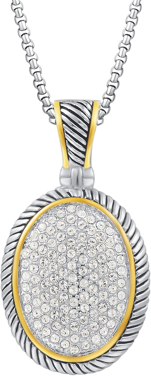 UNY JEWEL Jewelry Make a Statement with Our Two Tone Twisted Cable Wire Oval Enhancer Pendant Featuring Pave Rhinestone 2mm Box Chain 45cm + 5cm Extension