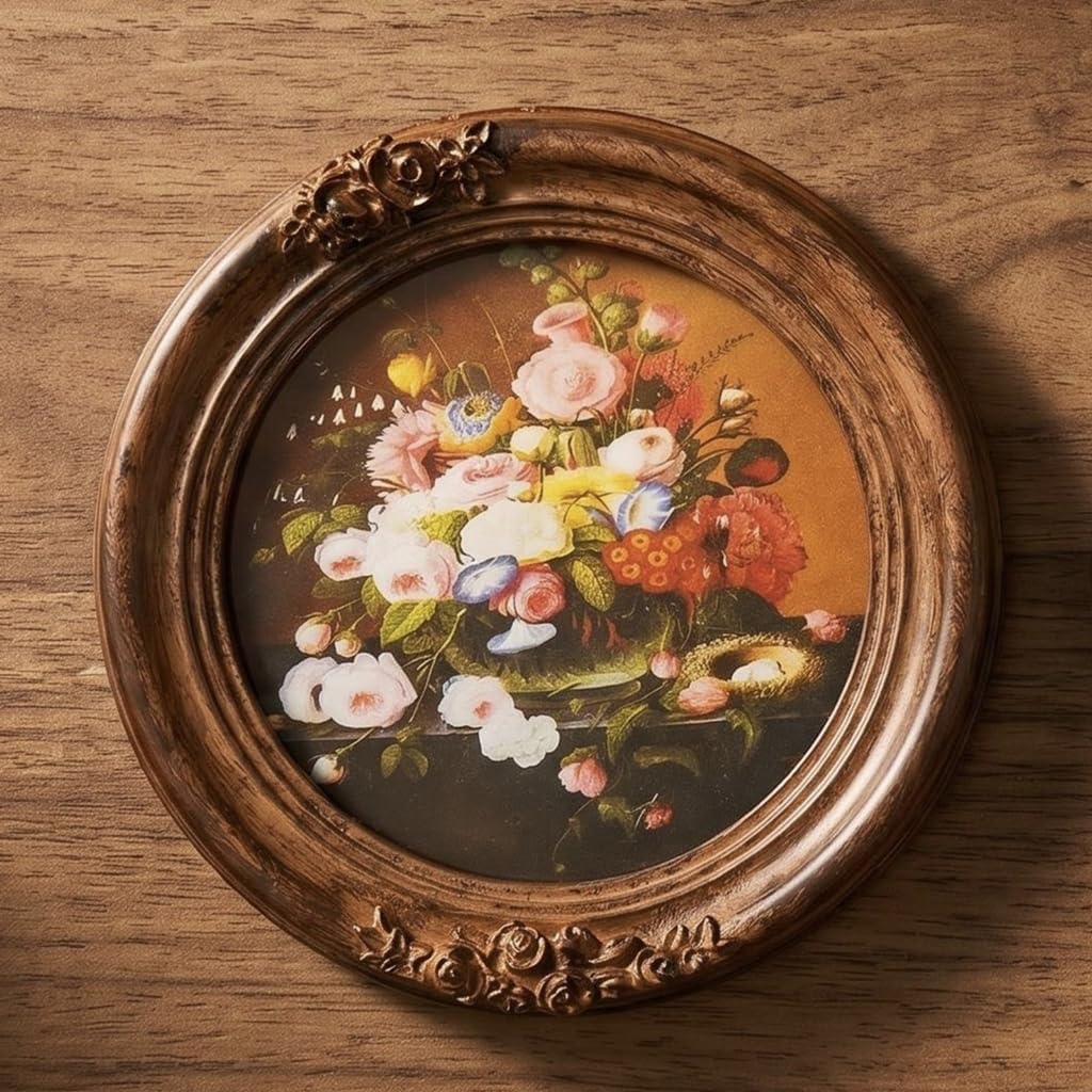 Round Resin Picture Frame with Raised Floral Border for Home Decors