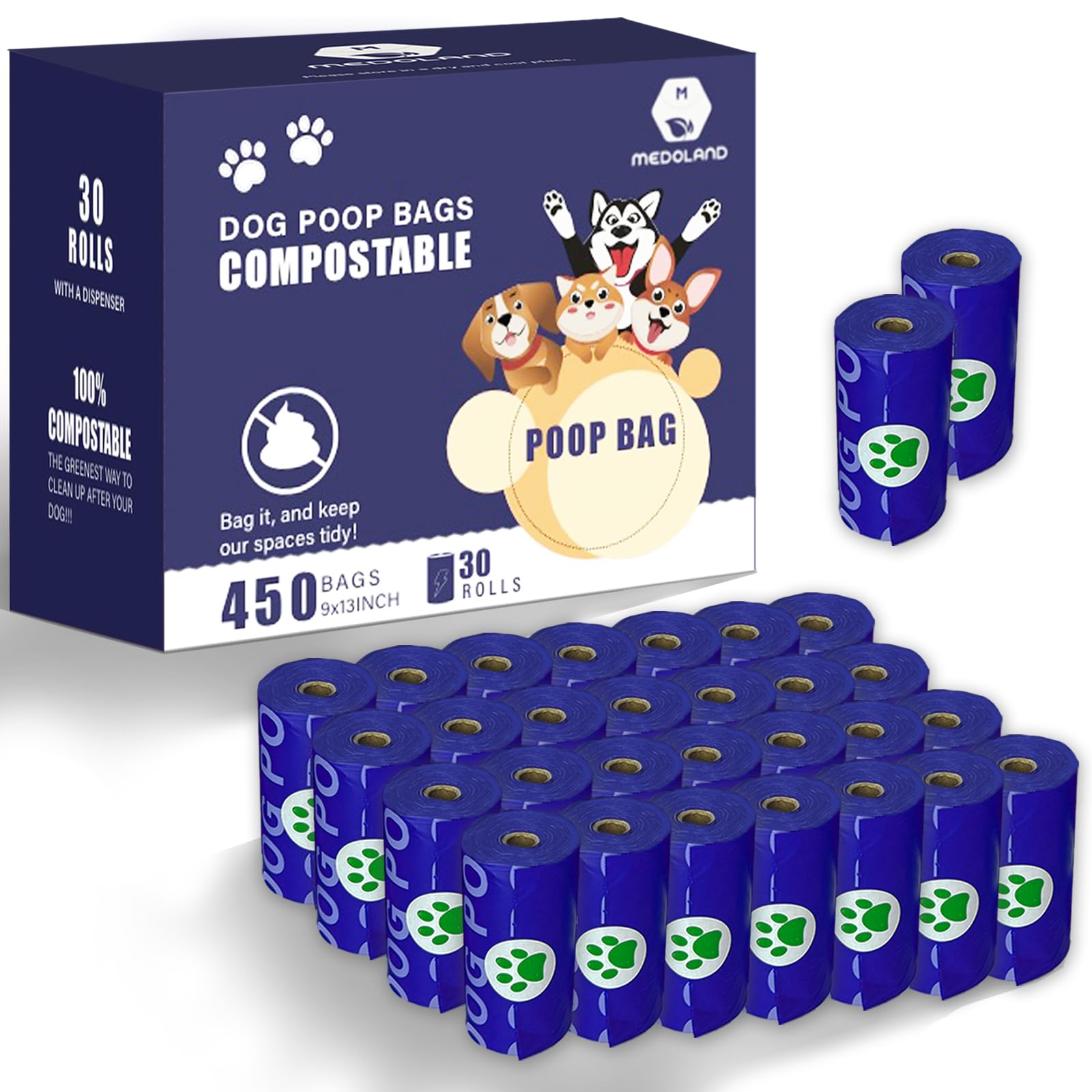 Medoland Compostable Dog Poop Bags BPI Certified Biodegradable Pet Waste Bags Leak-Proof Thickened and Opaque Eco Design (30 rolls 450 bags)