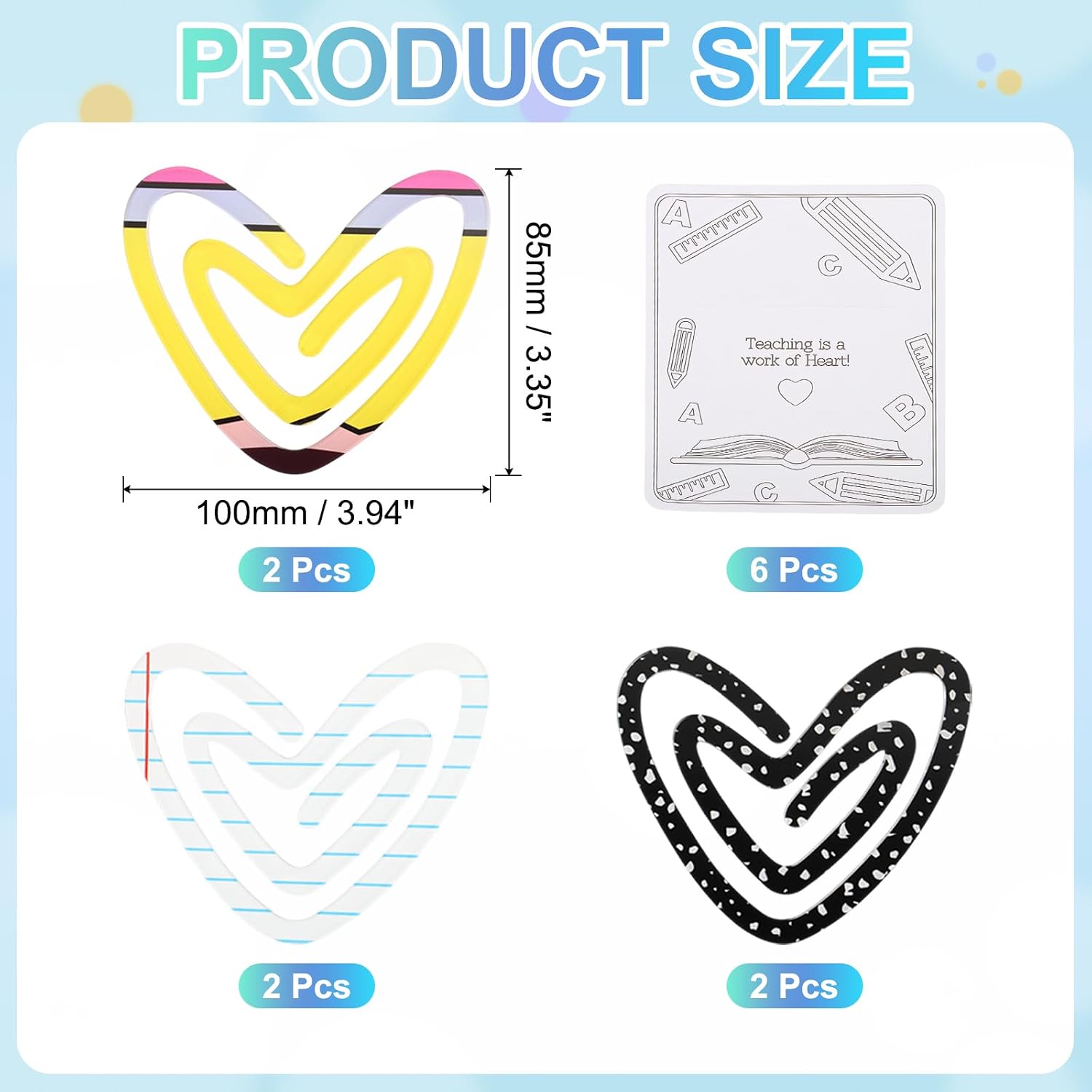 PATIKIL 6Pack Acrylic Paper Clip, 3.94 x 3.35 Inch Heart Shape Huge Sublimation Paper Clip Bookmarks with Card for Office Holders Envelope DIY Crafts Gifts Home, Multicolor