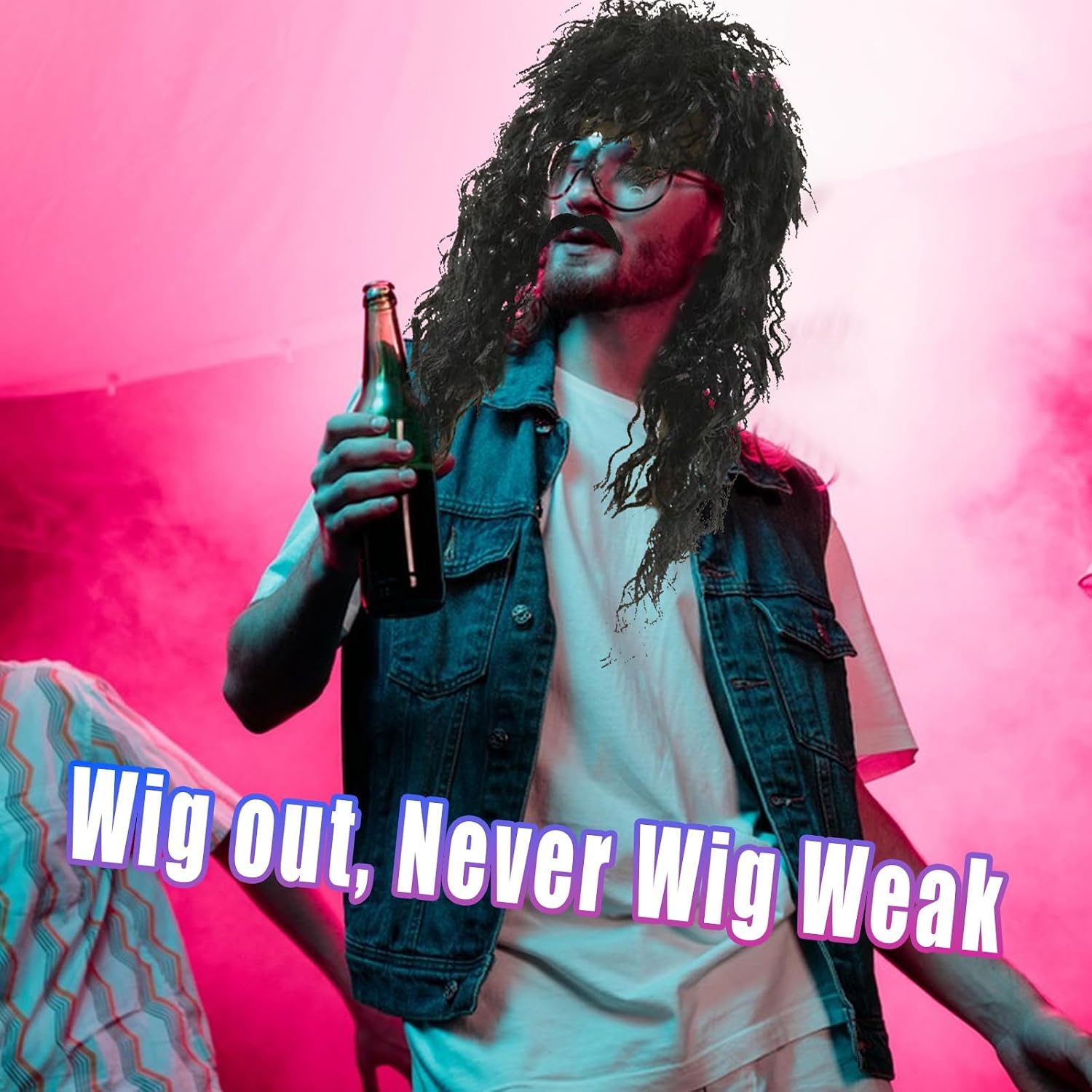 10 Pcs Rocker Costume Men's Wigs Black Curls Disco Costume Men's Party Costume Men with Wigs Sunglasses Beards Sleeves Gloves Headscarves for 70s 80s 90s