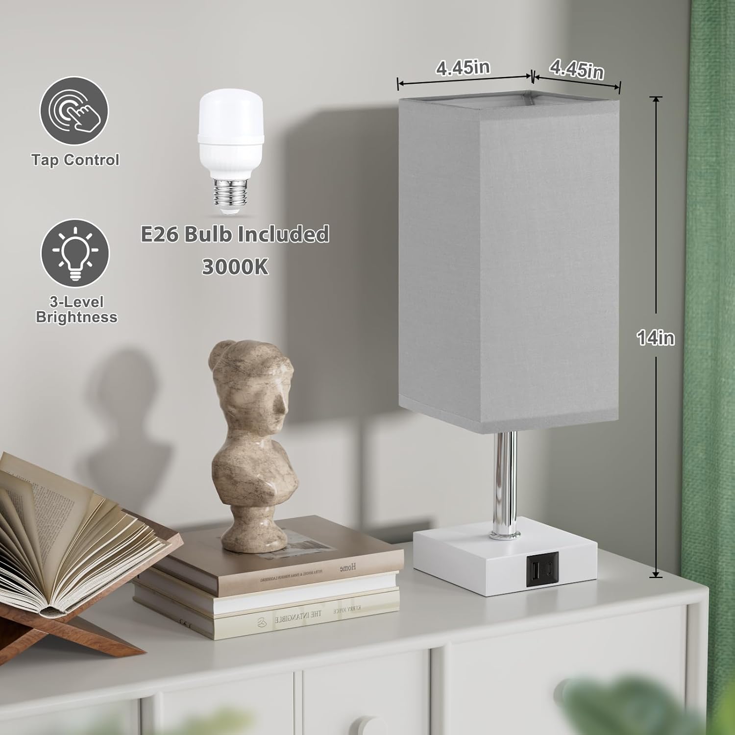 Ambimall Touch Control Table Lamp with USB A+C Charging Ports - 3 Way Touch Lamps Bedside, Nightstand Lamp for Bedrooms Living Room Nursery, LED Bulb Included(Grey Shade)