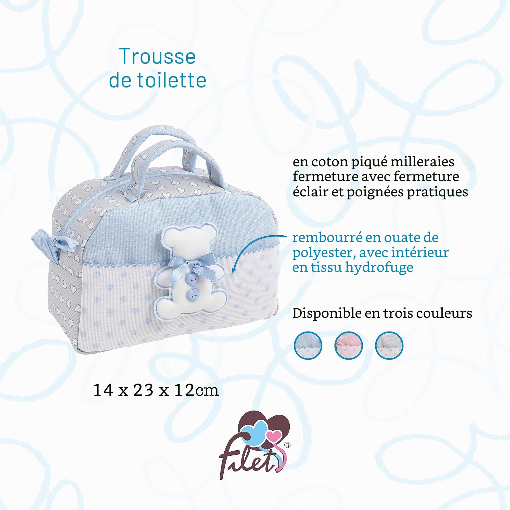 FILET - Beauty Case avec Poignées et Fermeture Éclair, avec Broderie en Forme d’Ourson, en Coton Rembourré, Idéal pour Les Produits pour l’Entretien du Bébé, 100% Made in Italy