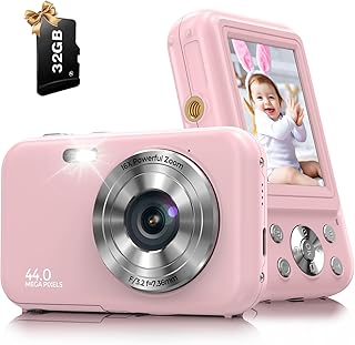 Digital Camera, FHD 1080P 44MP Kids Digital Camera for Photography with 32GB Card, 16X Zoom Point and Shoot Camera with Fill Light, Anti-Shake Compact Vlogging Camera for Teens Boys Girls (Pink)