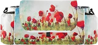 CUPADA Red Poppy Green Field Universal Stroller Organizer with Cup Holders, Large Capacity Spring Vintage Baby Stroller Organizer Bag Adjustable Strap Fit Most All Strollers