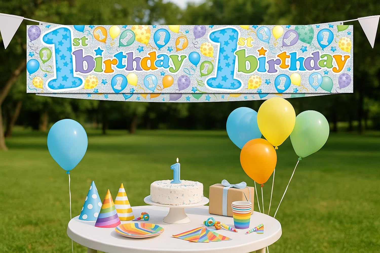 Happy 1st Birthday Party Banner Birthday Boy Giant Extra Wide Decoration Garland Baby's First Birthday Blue Recyclable Eco Friendly Holographic Shiny Sparkly Party Supplies Birthday Decorations
