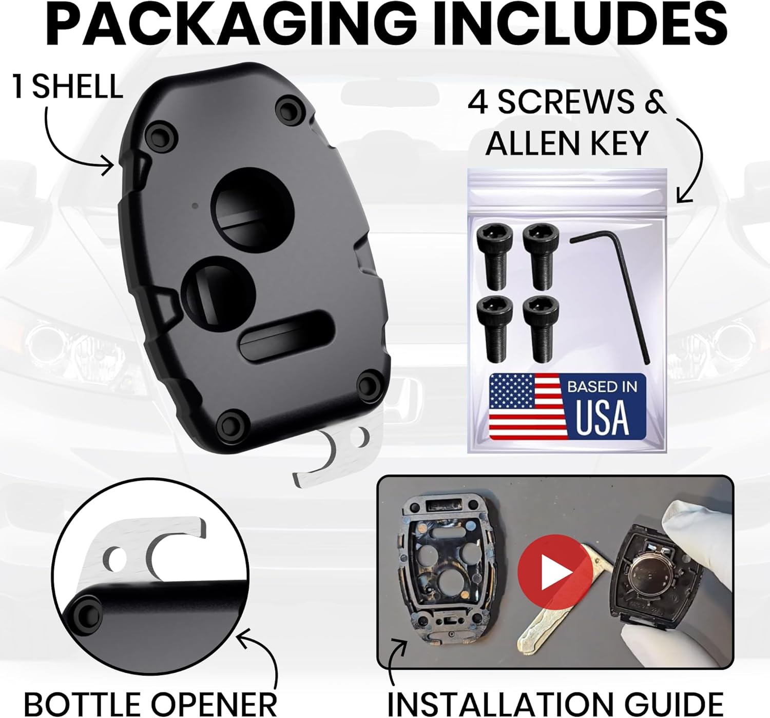 USA-Made for Honda Key Fob Shell | Crack-Resistant & Durable | Seamless Fit | Enhanced Longevity & Functionality | Integrated Bottle Opener | Easy DIY Installation (Black, 3 Button) image 5