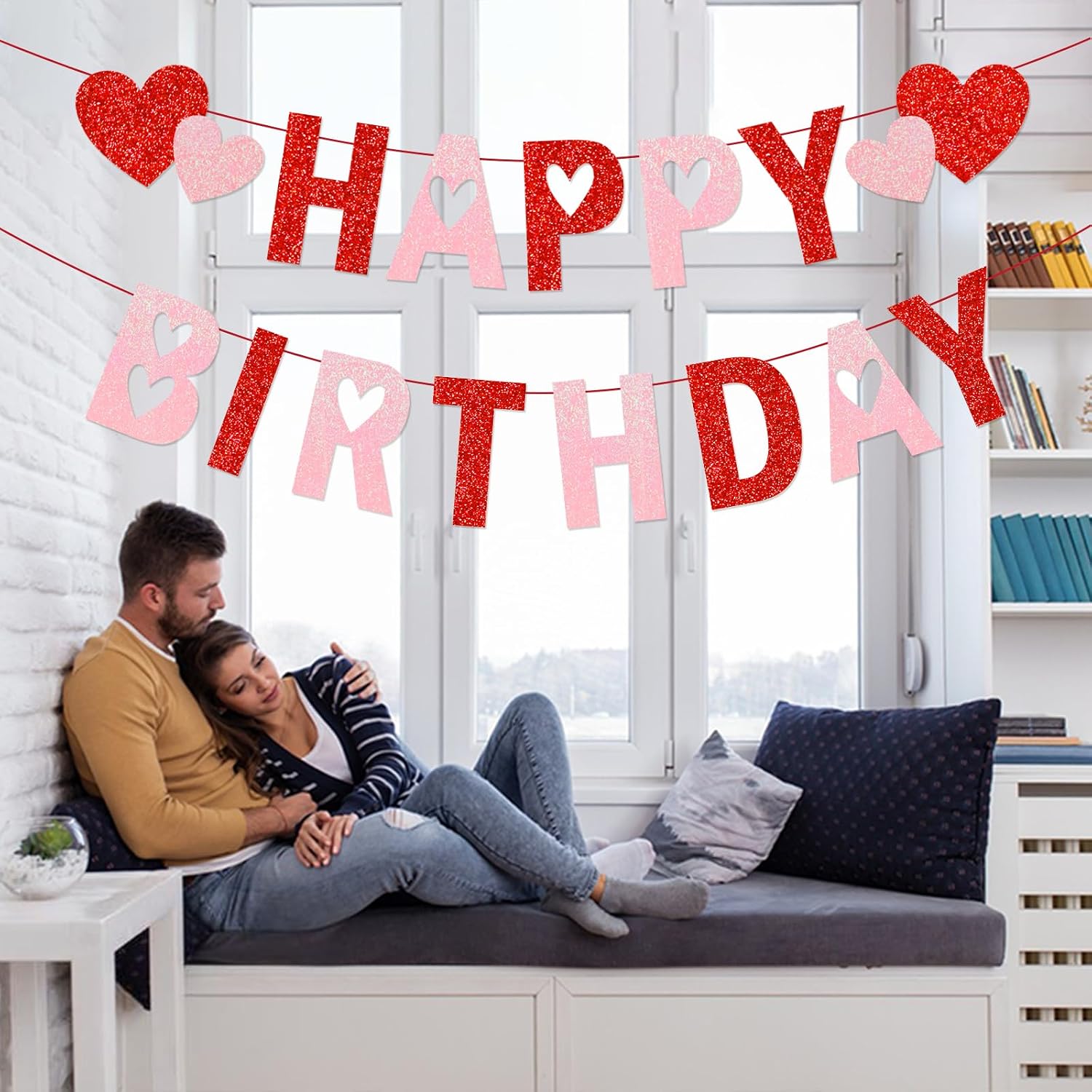 Valentines Birthday Banner Happy Birthday Banner Glitter Pink Birthday Decorations Banner for Galentines Day Decorations Happy Valentine’s Day Theme Birthday Party Supplies