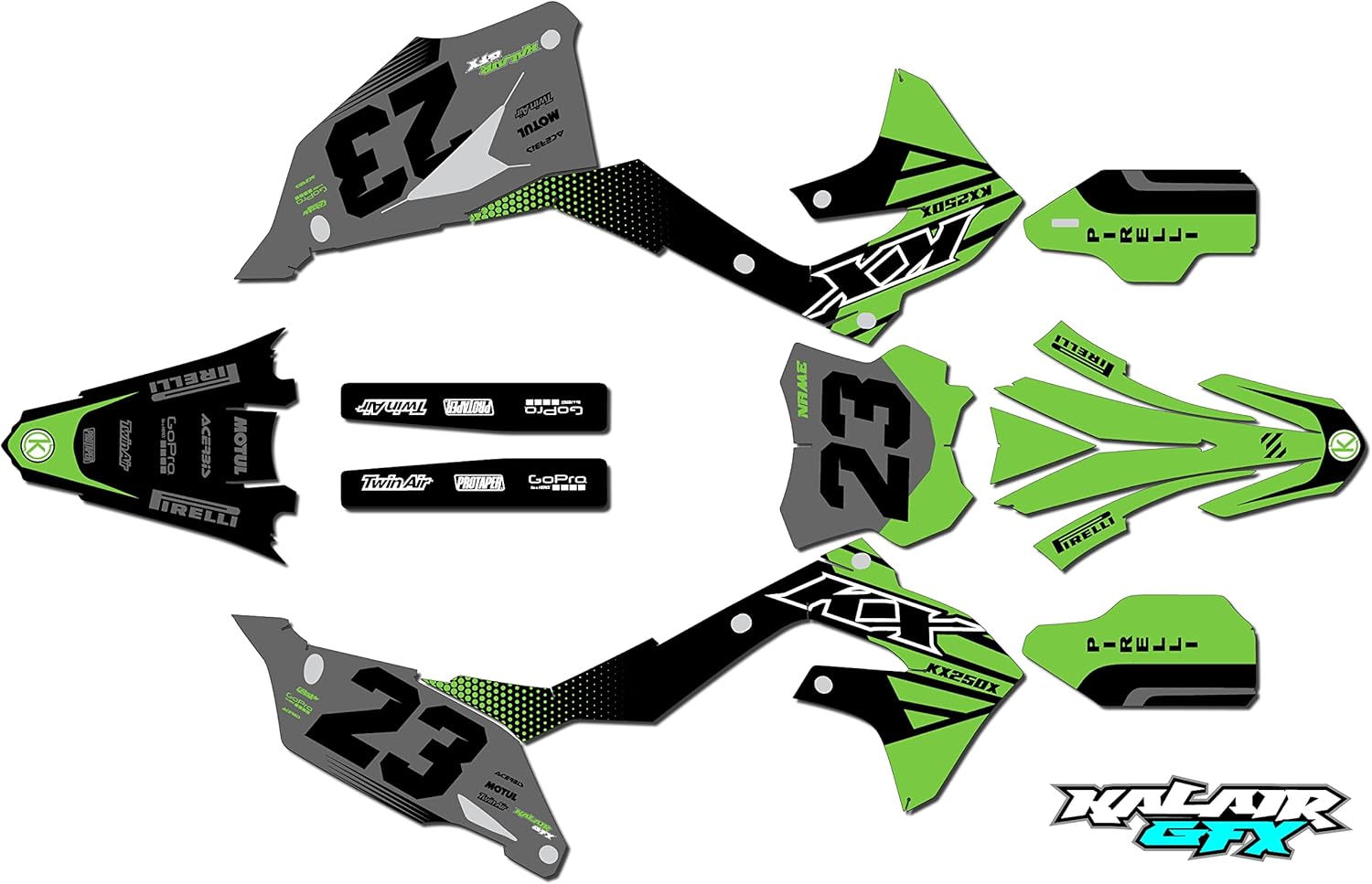 Kalair GFX Graphics Kit for Kawasaki KX250X (2021+) OEM Series Green 09 Mil Dirt