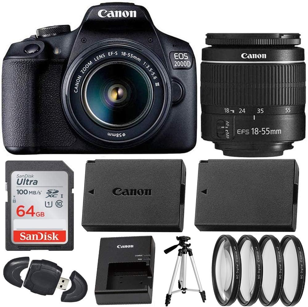 CanonEOS 2000D (Rebel T7) Digital SLR Camera with 18-55mm DC III Lens Kit (International Model) Professional Accessory Bundle Includes: SanDisk Ultra 64GB Memory Card + 50’’ Tripod + Filters and More