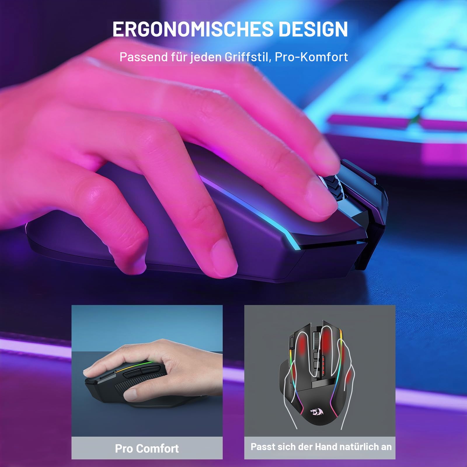 Redragon Kabellose Gaming Maus, 16000 DPI, 2.4G/USB-C, 9 Programmierbare Tasten, Wiederaufladbar RGB, 170Hrs