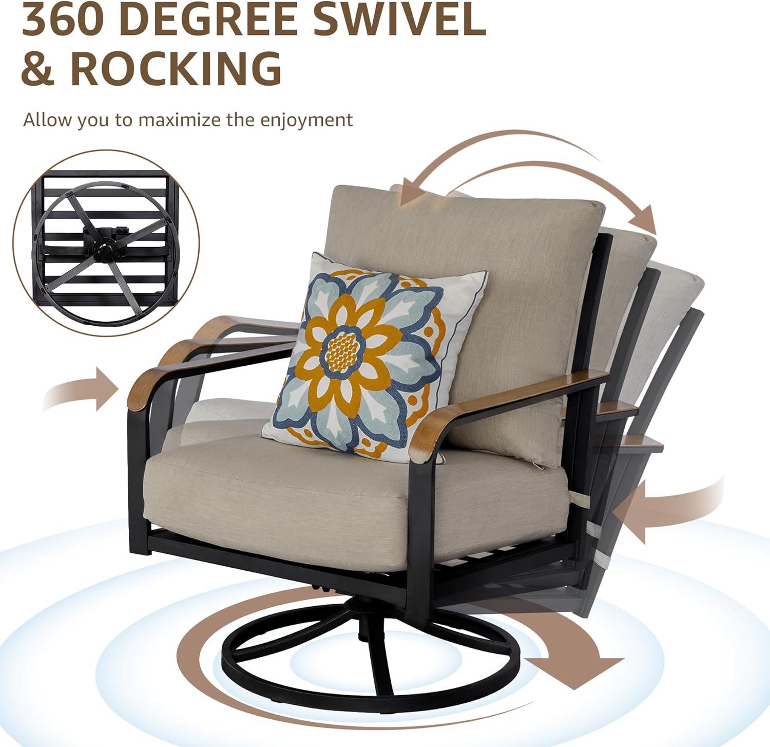 NATURAL EXPRESSIONS 5 Piece Patio Furniture Set,Outdoor Conversation with 4 Pieces Swivel Rocking Chairs,28" Double-Deck Wooden Grain Finish Metal Table, 6" Olefin Cushions for Yard,Porch (Shale)