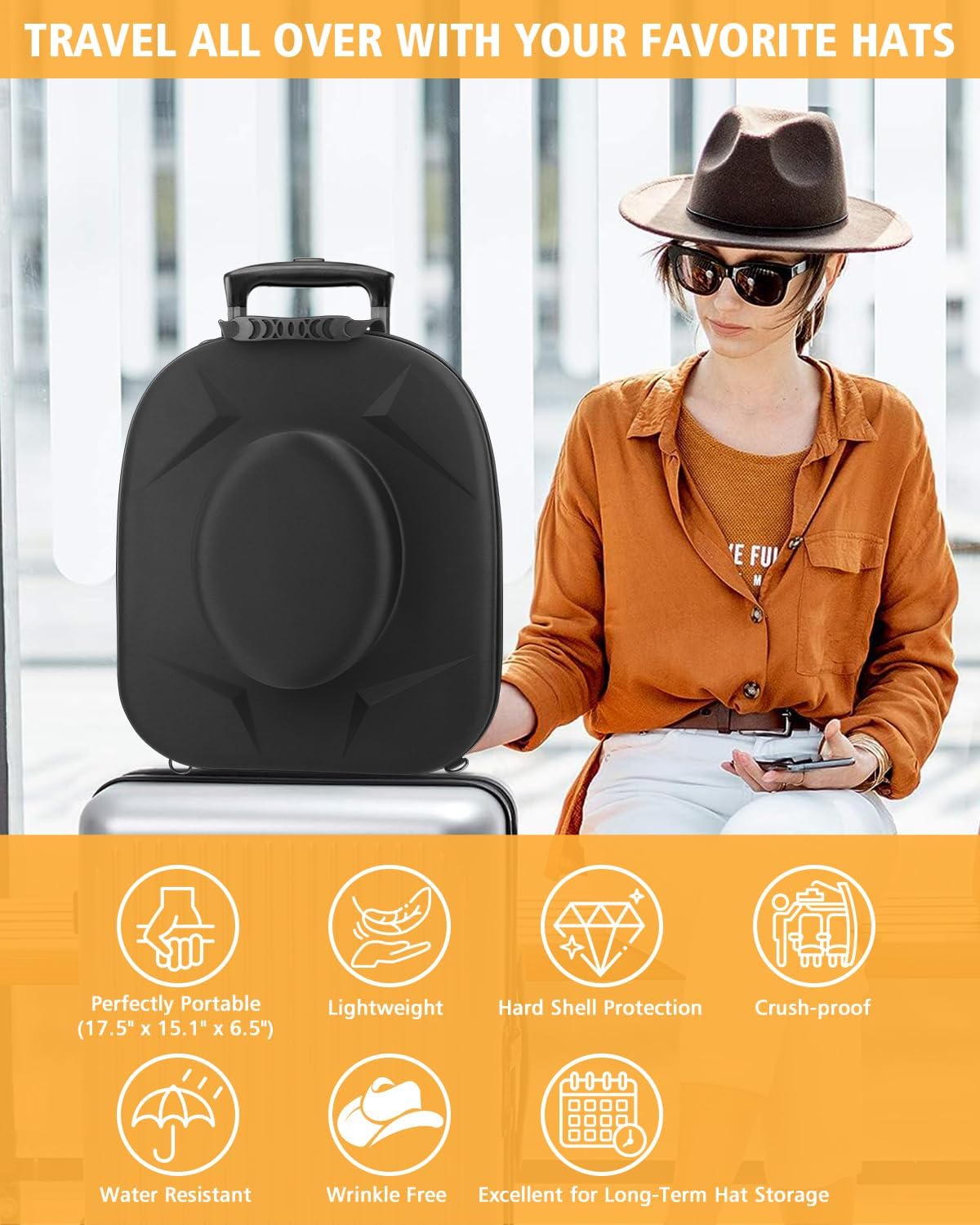 Cowboy Hat Box - Crush Proof Travel Carrier Case - Storage for Cowboy, Panama, Tweed & Fedora Hats - Equipped with Carrying Handle, Shoulder & Luggage Straps - Large - Black