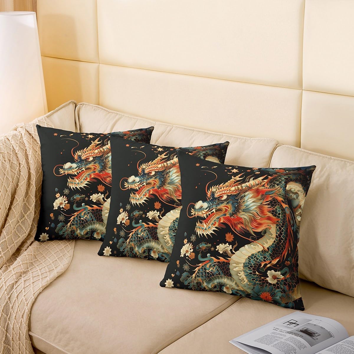 Watercolor Dragon Pillow Covers Chinese Style Pillow Cases Retro Tradition Theme Cushion Cover for Livng Room Dragon Pattern Pillowcase 24x24 Inch,Set of 2