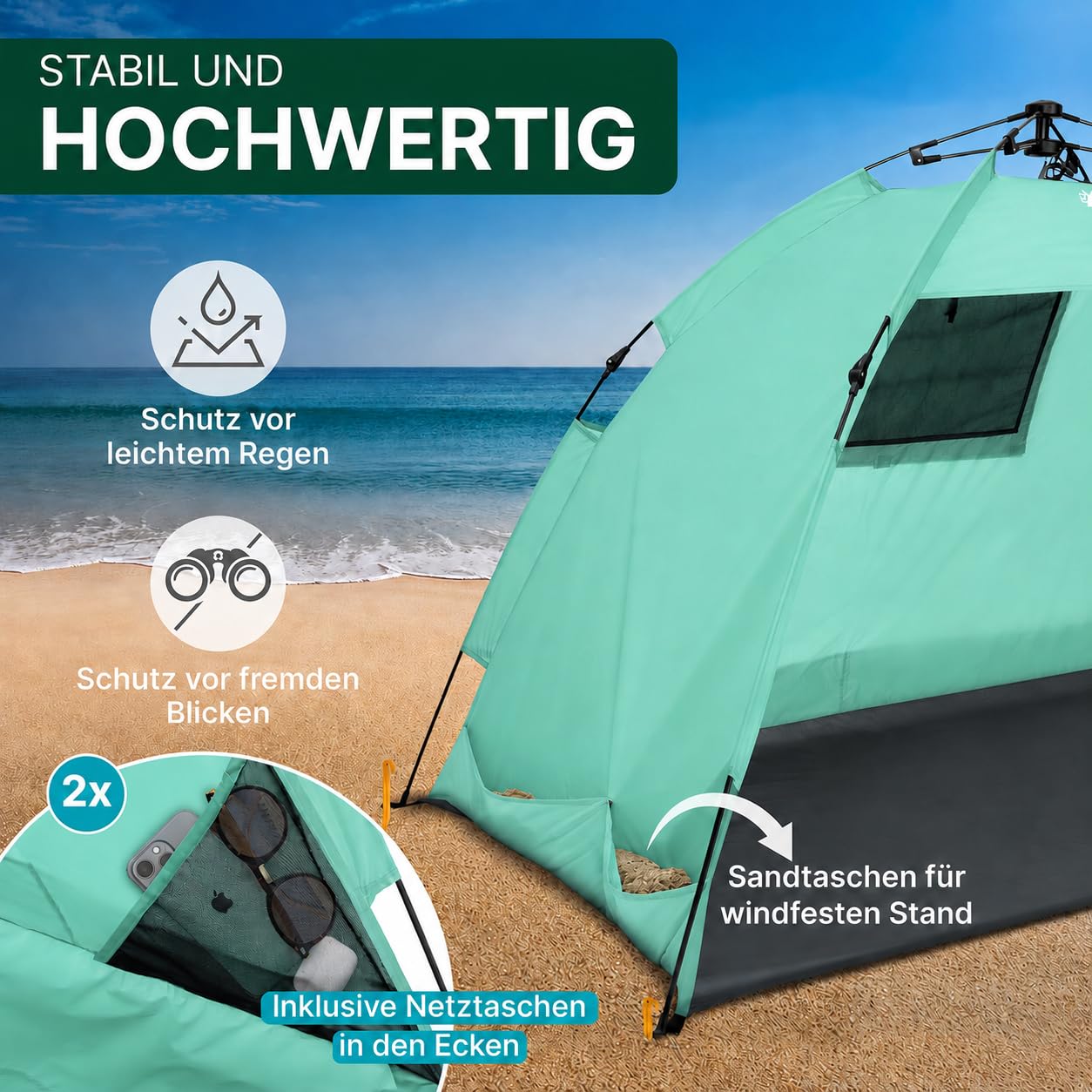 EXPLORER XXL Automatik Strandmuschel UV Schutz 80+ 220x150x130cm Strandzelt Sonnenschutz Mint
