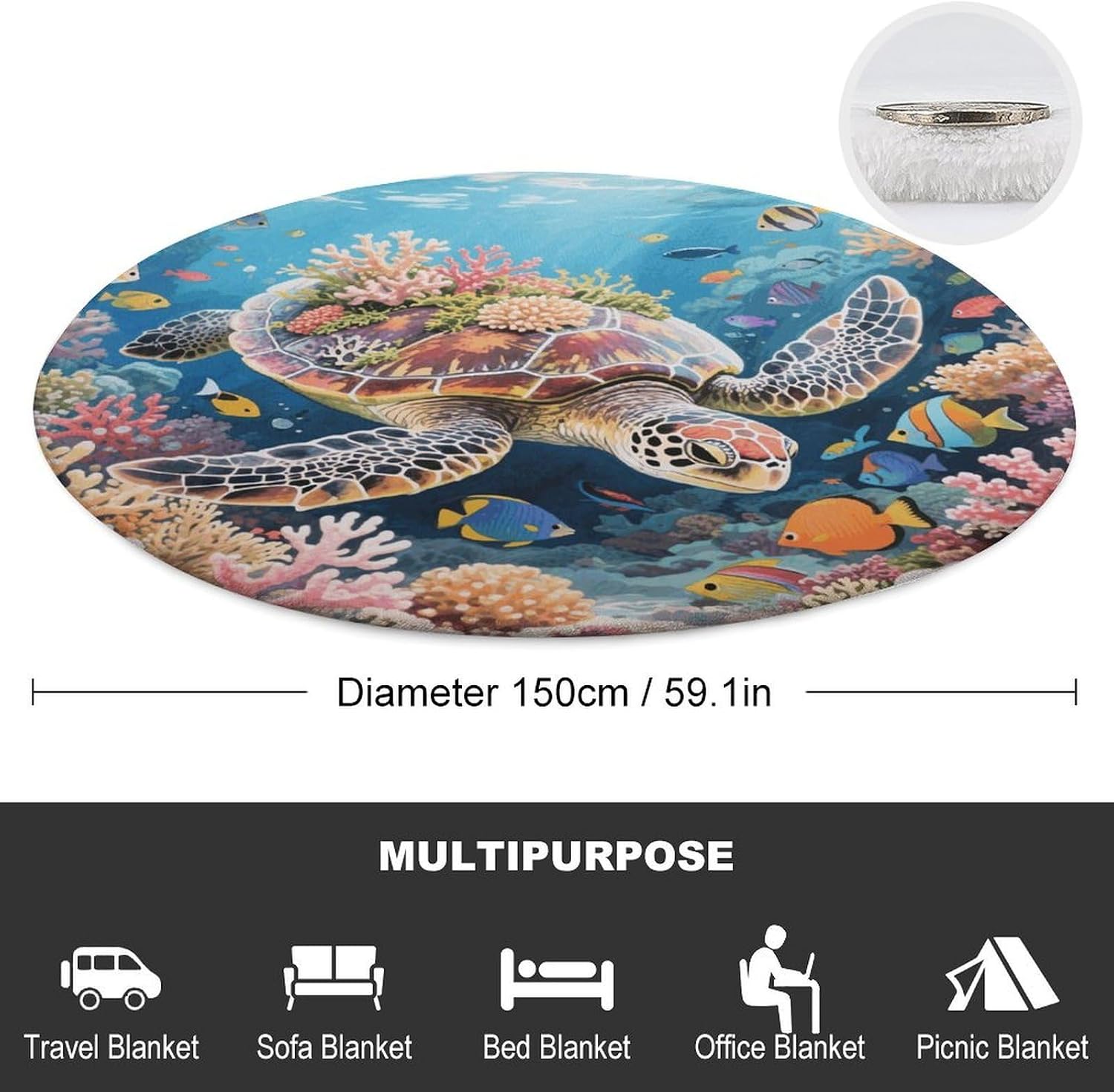 Swimming Turtle in Coral Reef Throw Blanket Round Beach Towel | 59.1 Inch Circular Flannel blanket Large Soft Beach Blanket Lightweight Foldable Beach Towel Throw for Daily Leisure Use