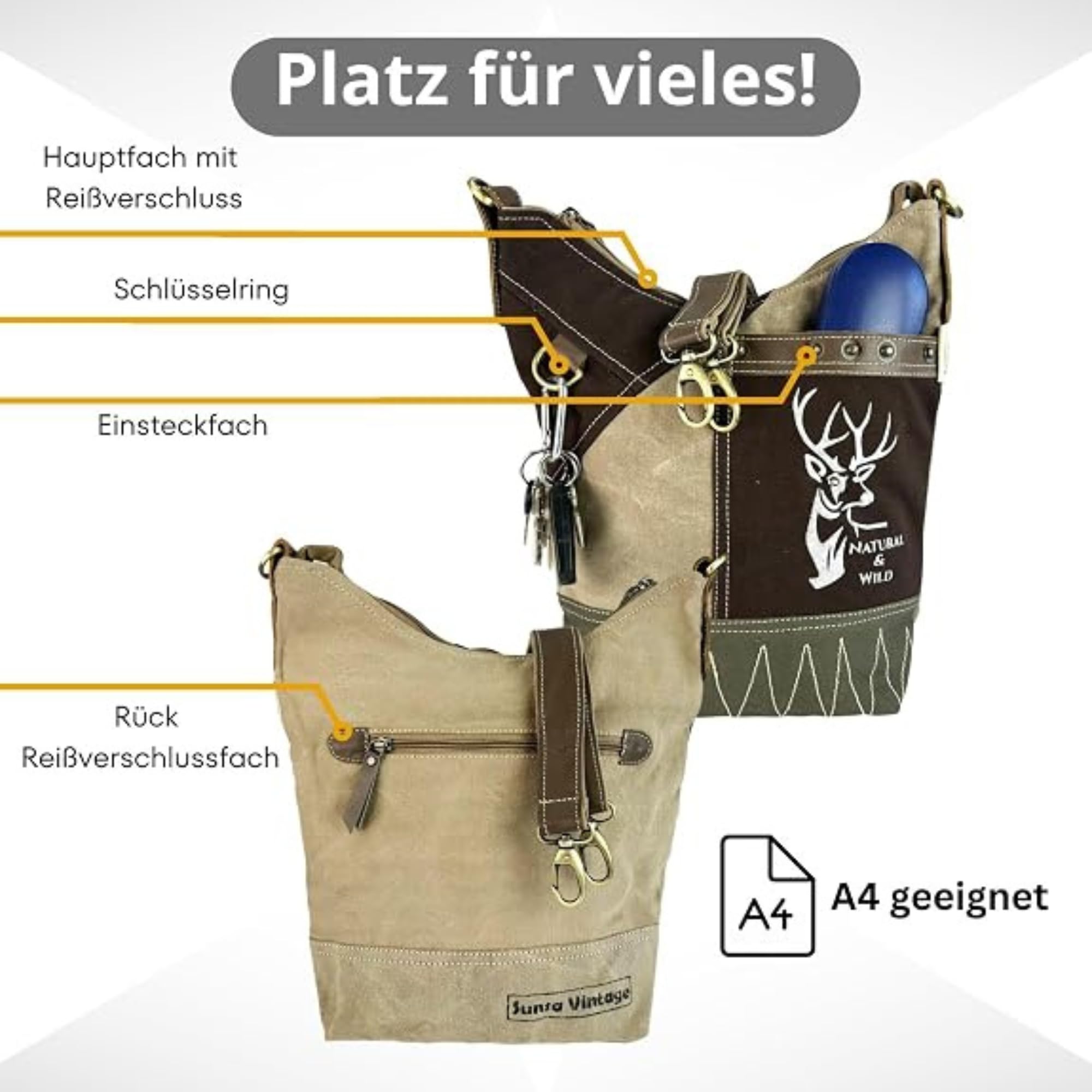 Sunsa Damen Umhängetasche aus Canvas & Leder. Hobo Tasche mit Reh Aufdruck