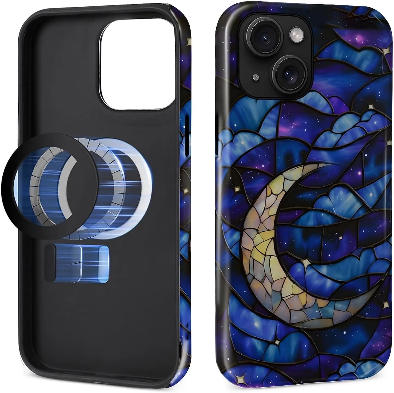 Magnetic Case for iPhone 15 Design,Compatible with MagSafe,Slim Protective Soft TPU Bumper Phone Cover Women Girls Case for iPhone 15-Celestial Stained Glass Moon Stars