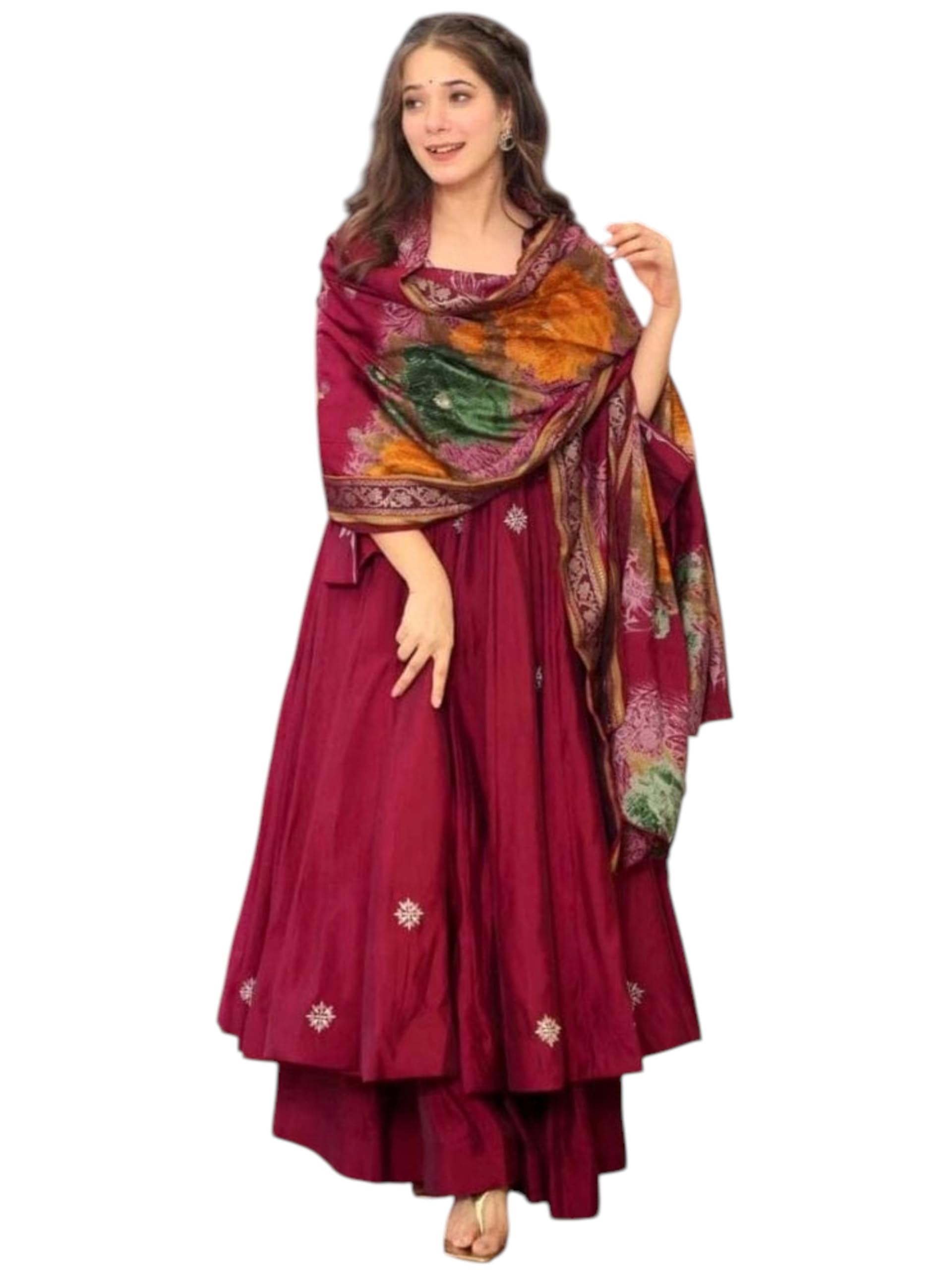 esomic Women's Anarkali Kurta Pant Dupatta Set | Embroidered & Printed Ethnic Kurti Set | V Neck | 3/4 Sleeve | Festive, Party & Casual Wear-picture-12