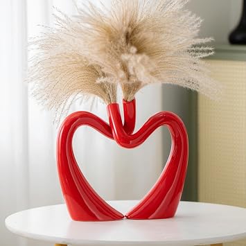 Lvases Red Hollow Ceramic Vases for Home Decor, Love Heart Snuggle Vase Set of 2, Modern Nordic Aesthetic Decorative Vase for Table Centerpiece Wedding Decoration W 11.8" X H 9.8"