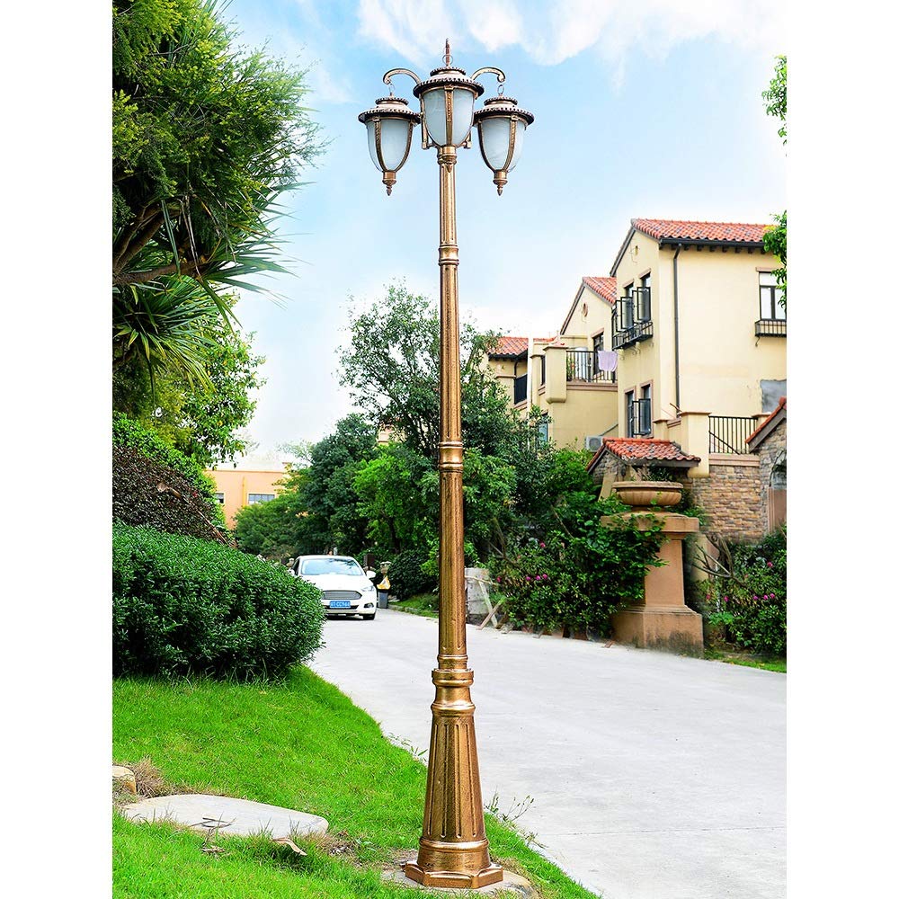 European Lawn Street High Pole Glass Pillar Light 3-Lights E27 Retro Outdoor Waterproof Anti Rust Metal Aluminum Post Light Garden Villa Aisle Street (Brass Height 290cm)