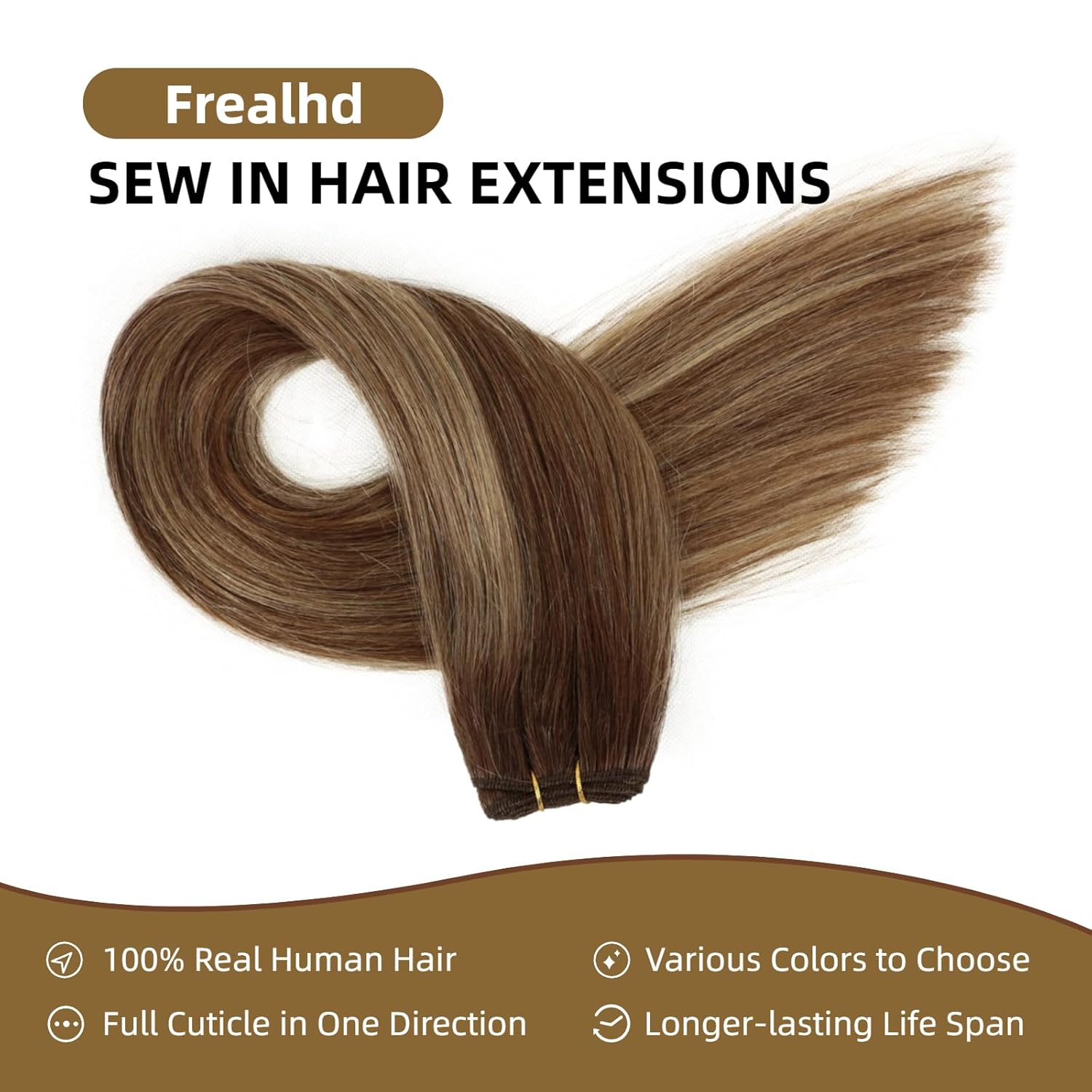 Sew in Hair Extensions Real Human Hair, 20 Inch 110g Double Weft Straight Remy Hair, Ombre Balayage Chocolate Brown to Caramel Blonde (4/27/4) Weave Bundles for Women