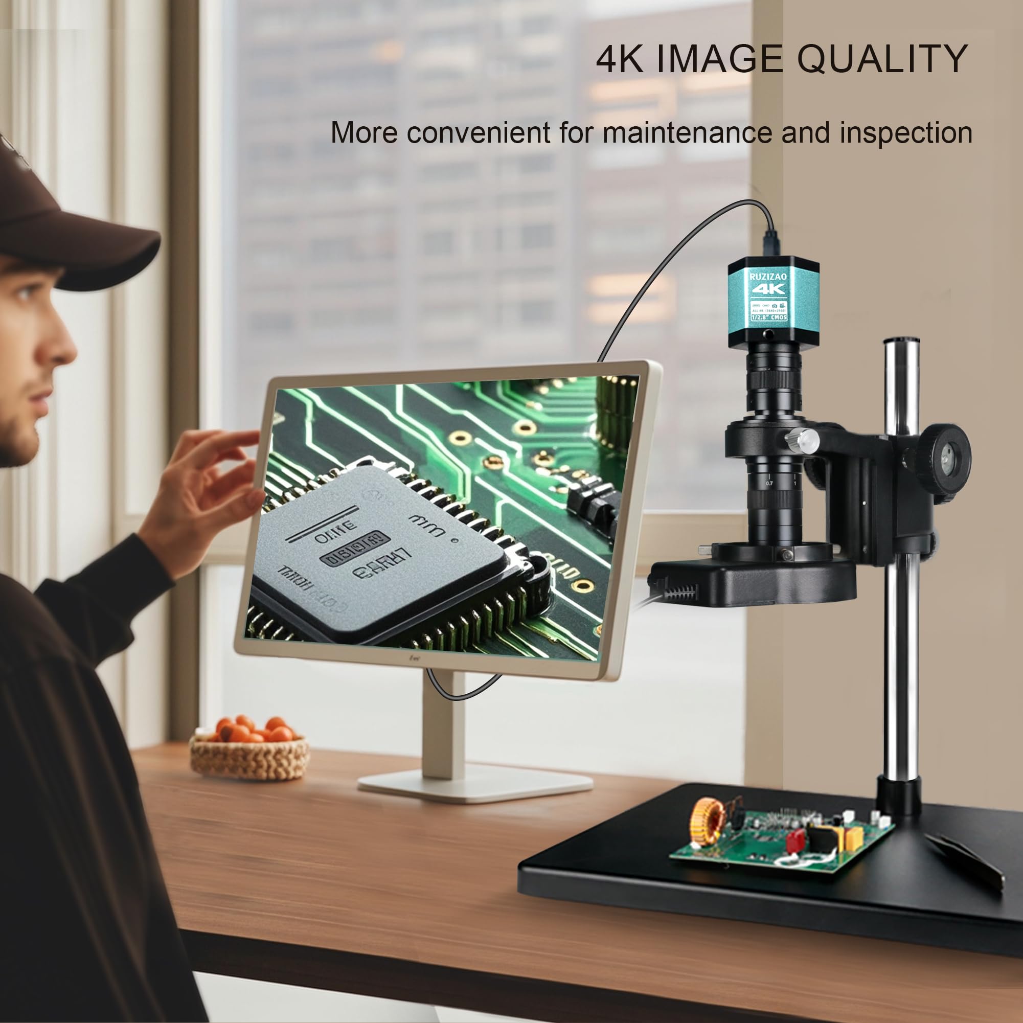 Digital Mikroskop, 48MP 4K 1080P Industrie Mikroskop mit Großer Basis, Typ-C/HDMI 150X HD Objektiv, 56 Einstellbare Ringlichter, Schweißen Elektronik Reparatur Microscope für Erwachsene