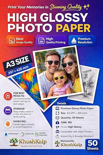 Glossy Photo Paper A3 Size 180 GSM 50 Sheet for Inkjet Printer (White) One Side Glossy, Dries Quickly DIY Printing Label A