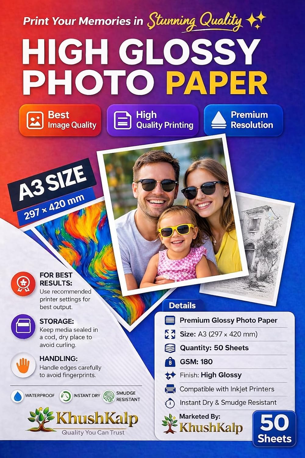 Glossy Photo Paper A3 Size 180 GSM 50 Sheet for Inkjet Printer (White) One Side Glossy, Dries Quickly DIY Printing Label A...