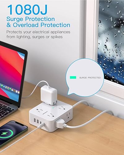 Miniatura 4 de HANYCONY - Tiras de alimentación con protección contra sobretensiones, 8 tomas amplias con 4 puertos USB (2 USB C), tira extensora de salida de 3