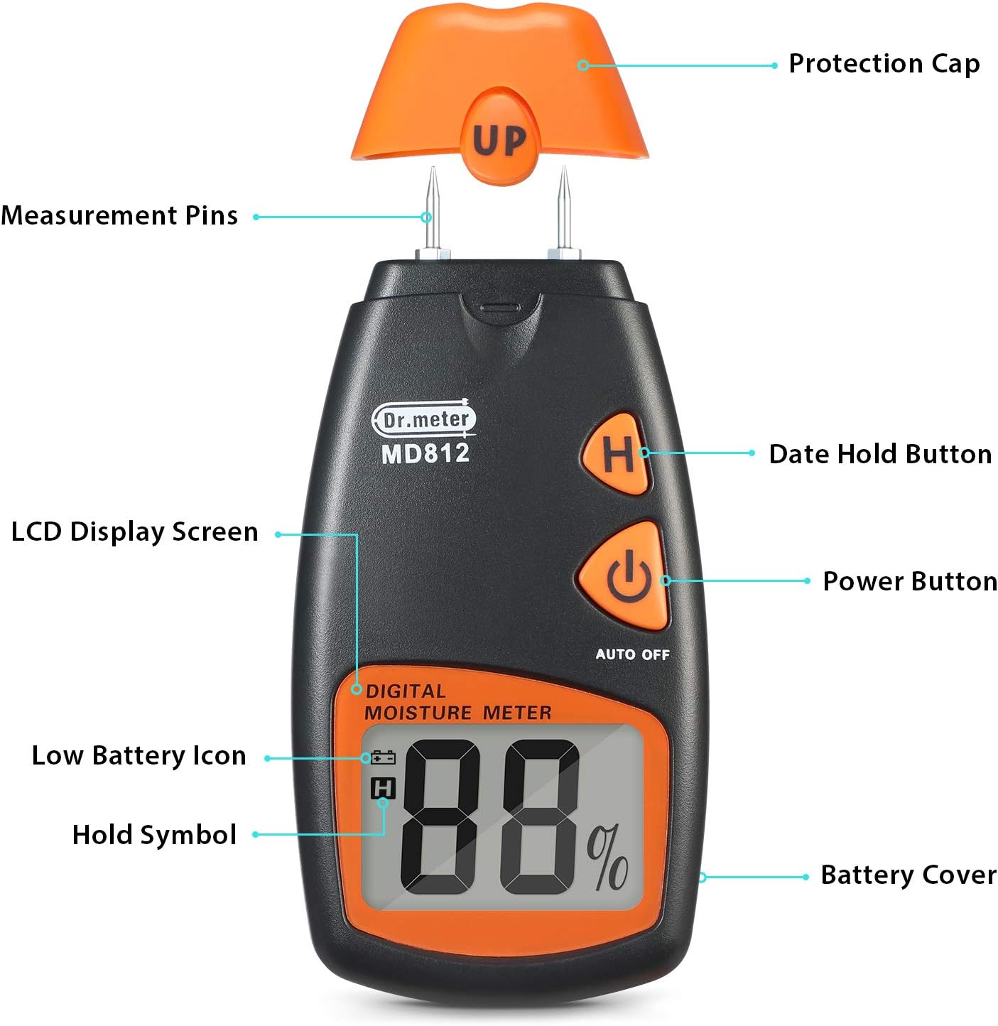 Wood Moisture Meter, Dr.meter Digital Portable Firewood Wall Paper Water Moisture Tester, Digital LCD Display with 2 Test Probe Pin and one 9V Battery, Range 5% - 40%, Accuracy: +/-1%, MD812