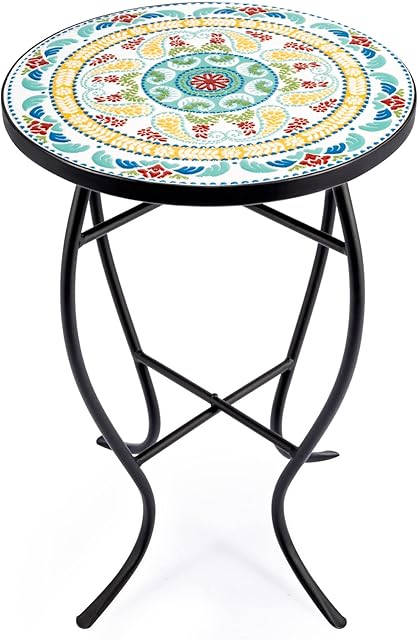 VONLUCE Mosaic Side Table and Plant Stand, 53.5cm Round Side Table with 36cm Ceramic Tile Top, Indoor and Outdoor Accent Table, Outdoor Patio Bistro Coffee Table for Home & Garden (Floral)