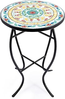 VONLUCE Mosaic Side Table and Plant Stand, 53.5cm Round Side Table with 36cm Ceramic Tile Top, Indoor and Outdoor Accent Table, Outdoor Patio Bistro Coffee Table for Home & Garden (Floral)