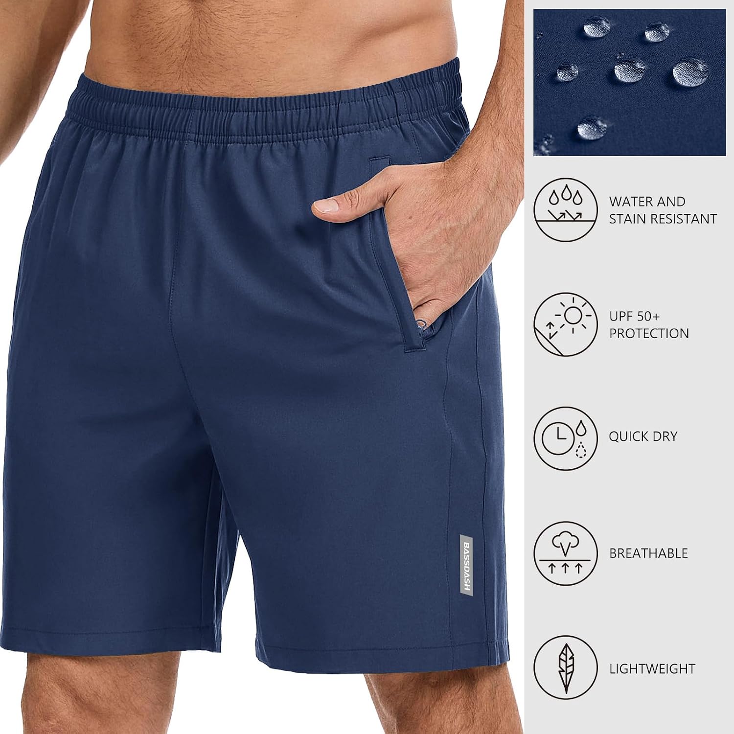 Bassdash Men's 7" Inseam Hiking Fishing Shorts UPF 50+ with 3 Zipper Pockets Lightweight Water Resistant Quick Dry FP12M