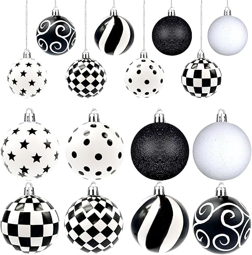 16 adornos de bola de Navidad con lunares de invierno en blanco y negro, a cuadros, estilo de granja para decoración de árbol de Navidad