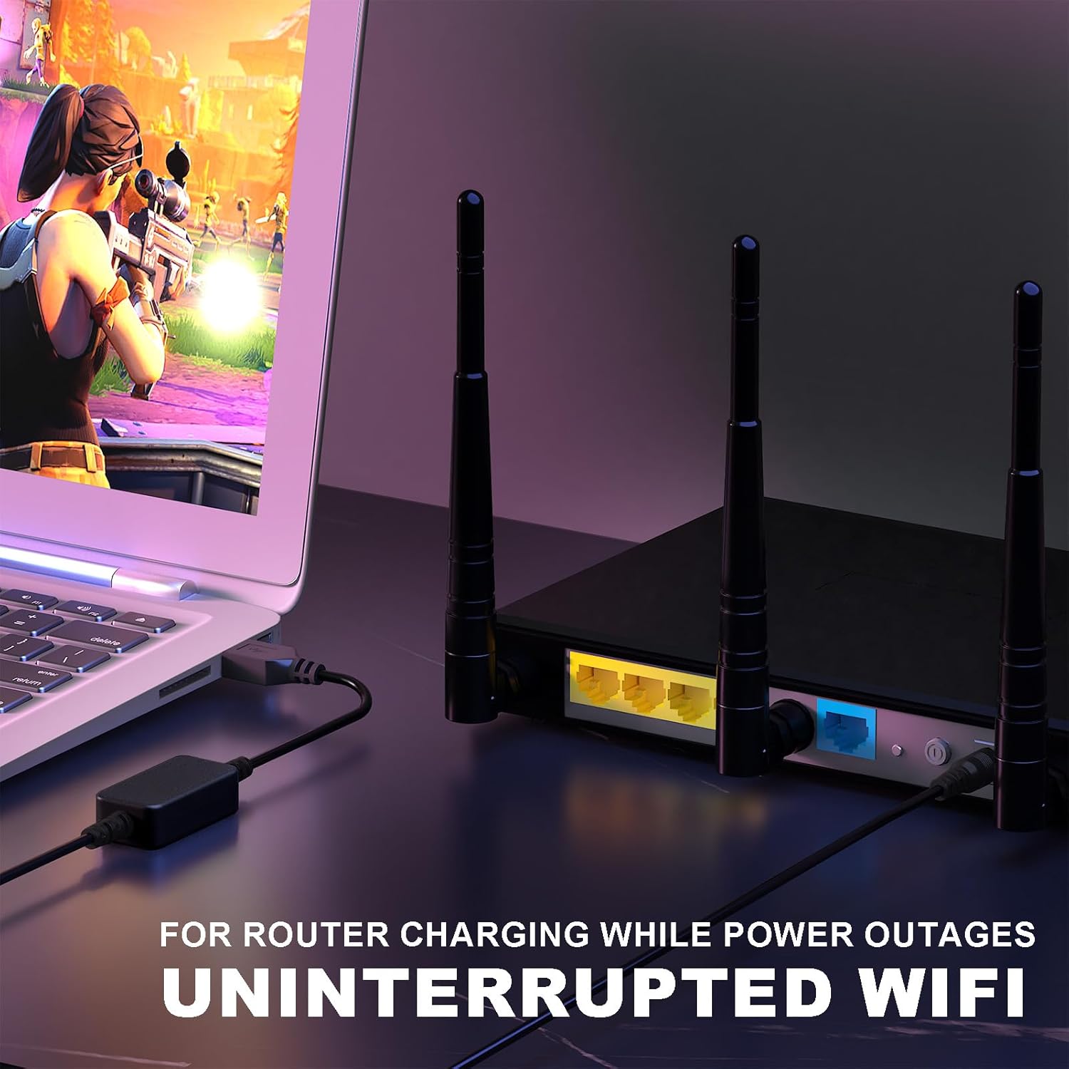 DROK USB to 12V adapter powering a router for uninterrupted Wi-Fi