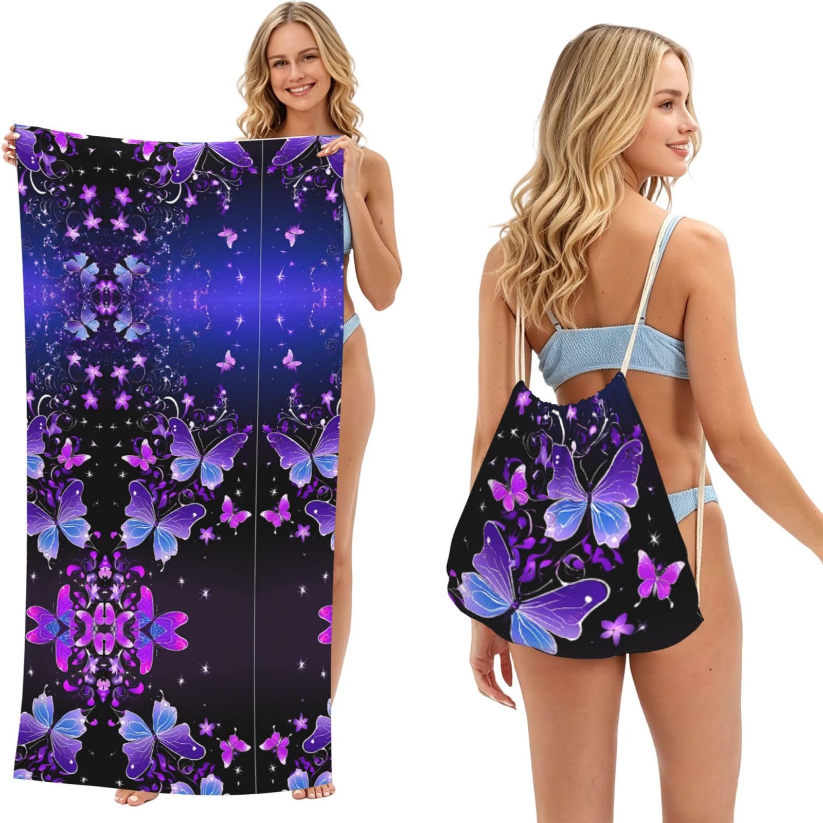 EZDLOWVBA Beautiful Glowing Butterfly Print Beach Towel Backpack 2 In 1 Summer Large Lightweight Beach Towel - Multifunctional Ship Pattern Towel Bag For Storage,Sport