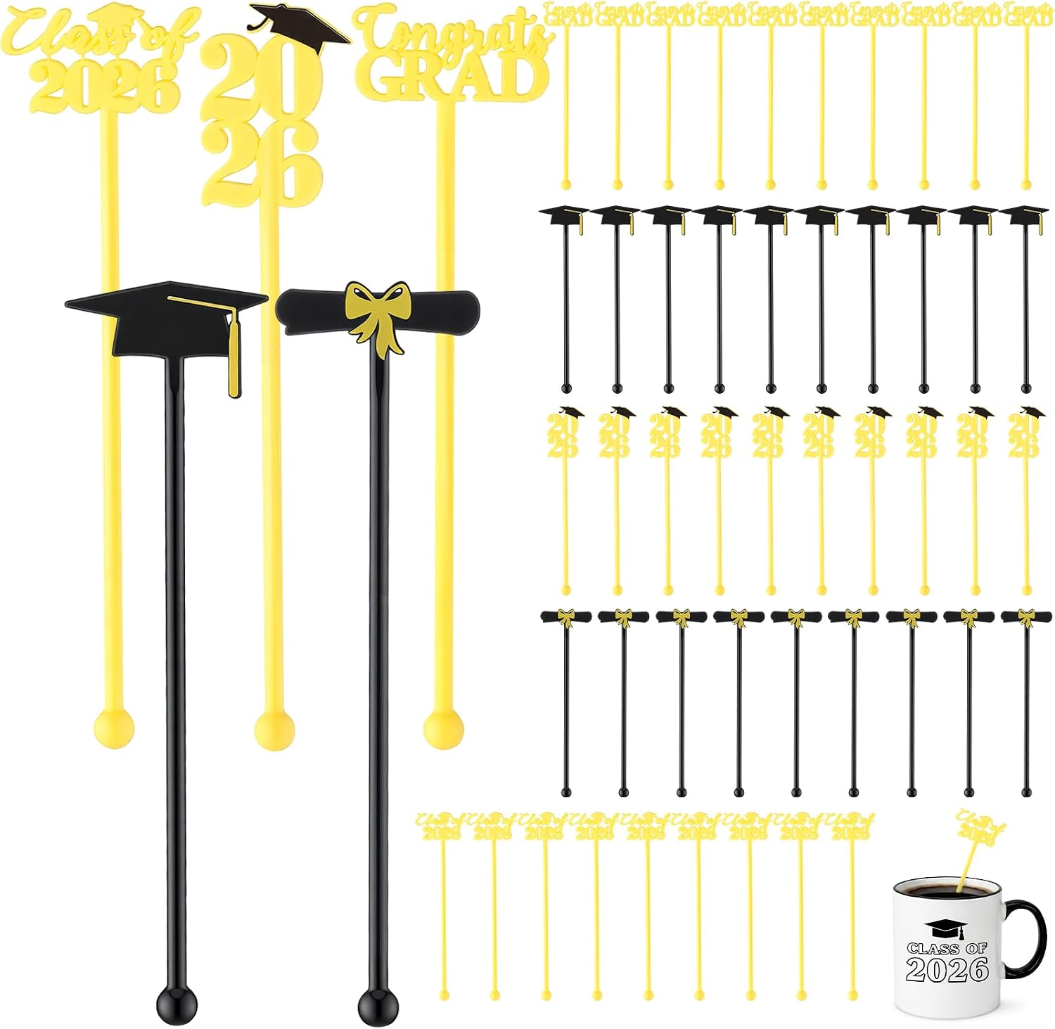 Novabright 50 Pcs Graduation Drink Stirrers Class of 2026 Coffee Stir Sticks Graduation Party Favor Congrats Grad Cocktail Mixers Plastic Swizzle Sticks Beverage Tea Party Bar Supplies