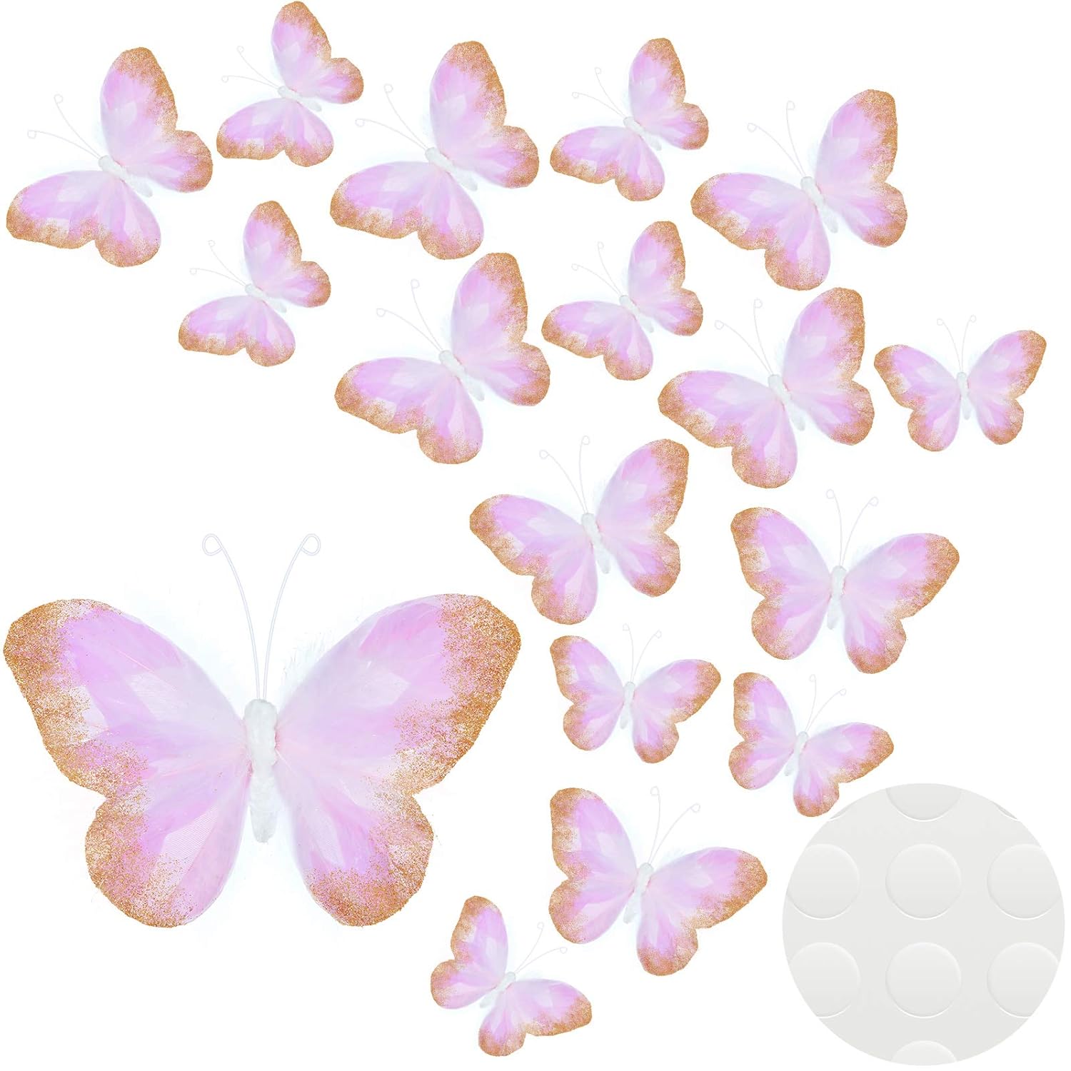 16 Pcs Feather 3D Butterfly Wall Decals Gold Glitter Butterfly Wall Art Mural Stickers Removable for Home Office Wedding Party Balloons Cake Flower Bedroom Bathroom Living Room Decor(Light Purple)