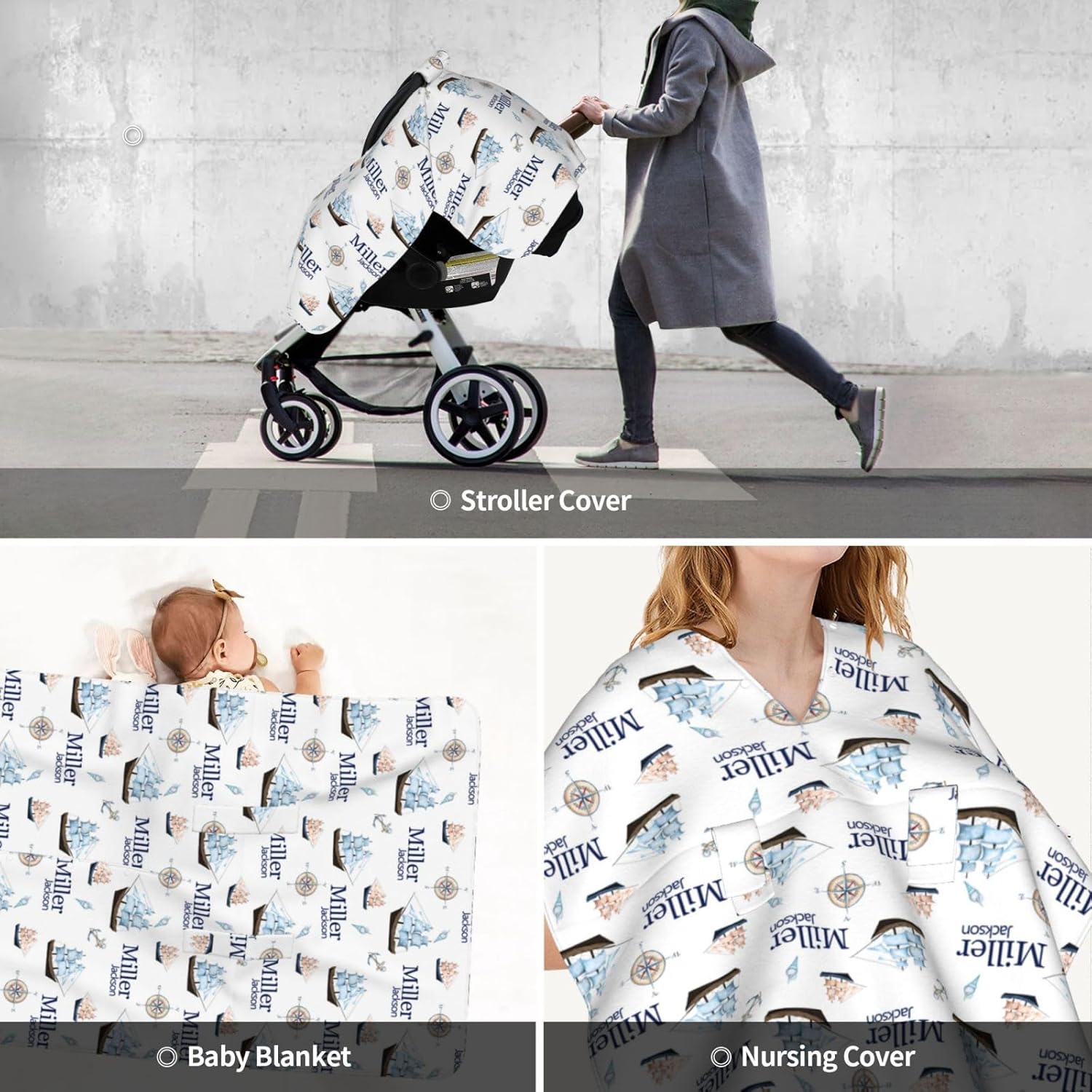 Personalized Baby Car Seat Canopy for Babies, Custom Name Baby Car Seats Covers for Boys, Opening Minky Nursing Breastfeeding Cover for Infant, Carseat Canopies for Newborn (Nautical Ship)