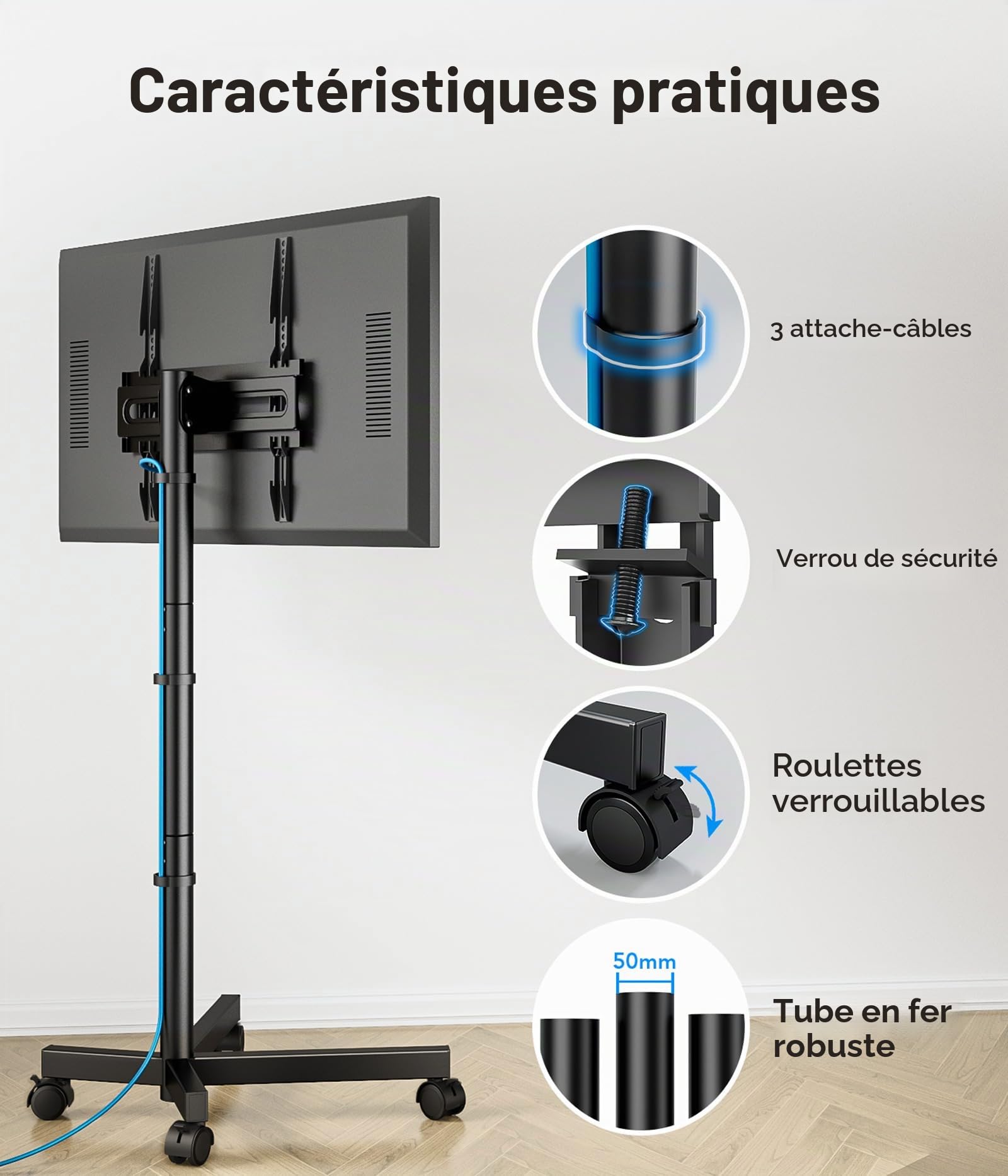 Support TV au Sol Meuble TV Mobile pour téléviseur Plat et incurvé de 23 à 60 Pouces, jusqu'à 40 kg, Hauteur réglable, pivotant, VESA Max. 400 x 400 mm