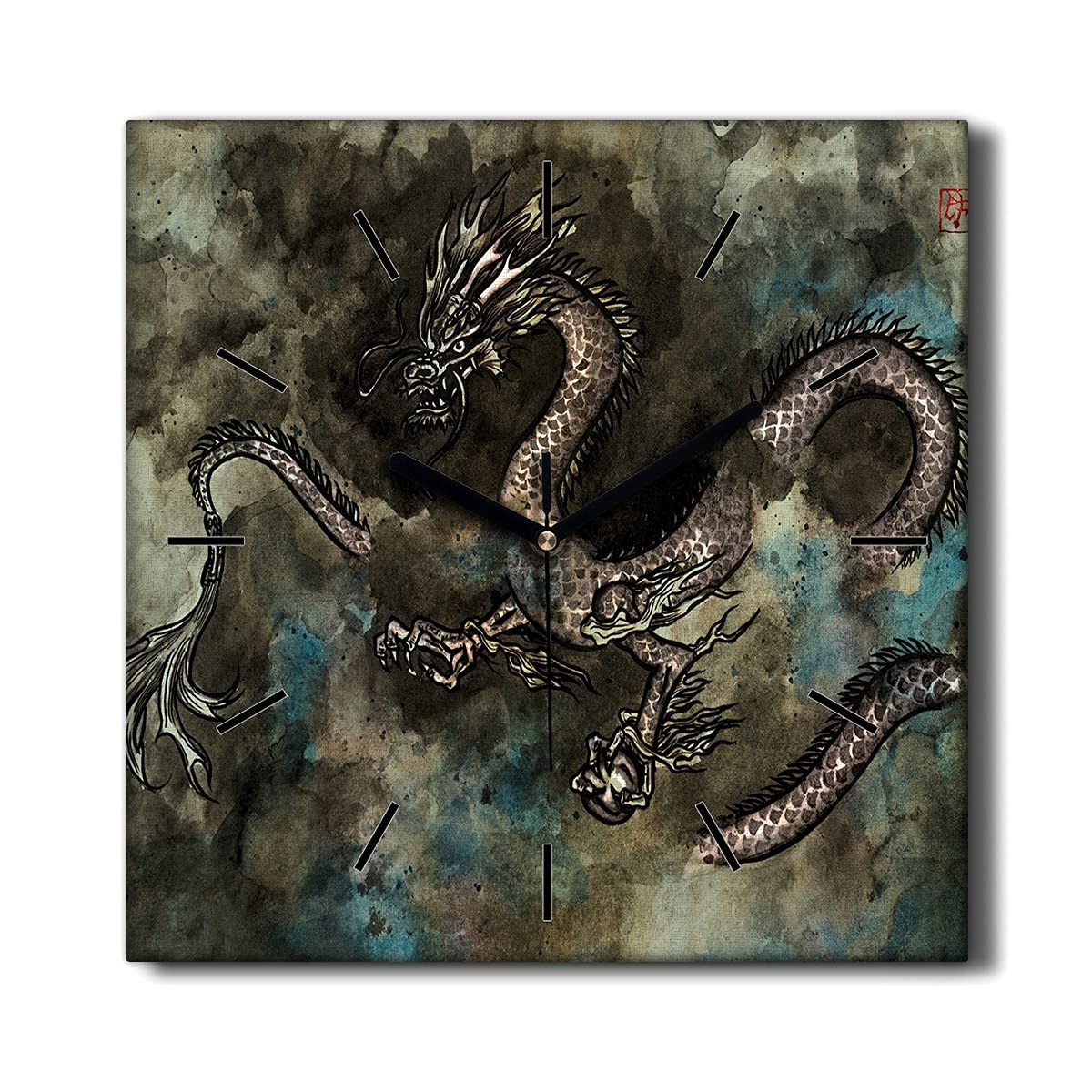 Horloge sur Toile 30x30cm Dragon Fantasy Pendule Murale Silencieuse Coloray