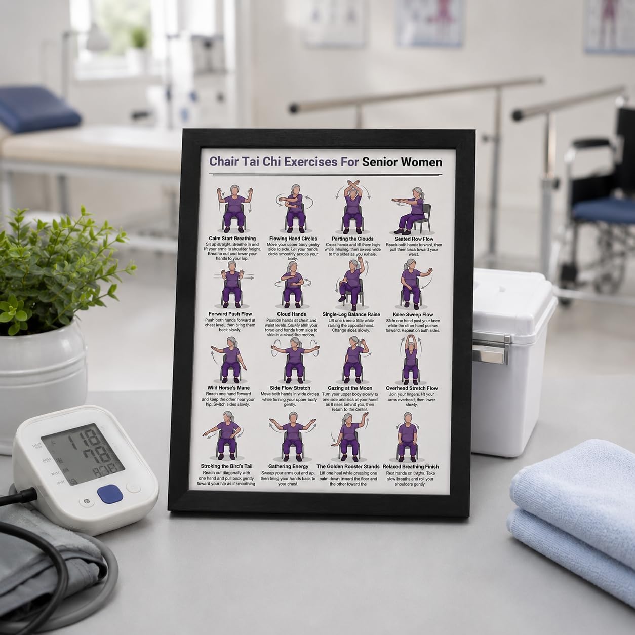 Framed Tai Chi Chair Workout Wall Art, Chair Tai Chi Exercises for Senior Women Poster, Seated Exercises for Beginners and Seniors Canvas Prints for Living Room Yoga Studio Gym Office image 2